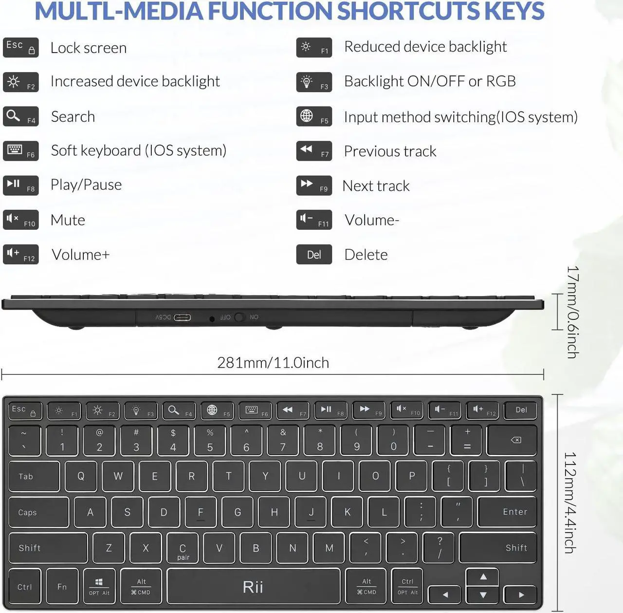 Alt view image 4 of 7 - Rii Bluetooth Keyboard X9,Wireless Keyboard with RGB Backlit, Rechargeable Keyboard with Aluminium Alloy Case for iPad 10th, iPad Pro, iPad Mini, iPad Air,Tablet,Surface,PC,Laptop