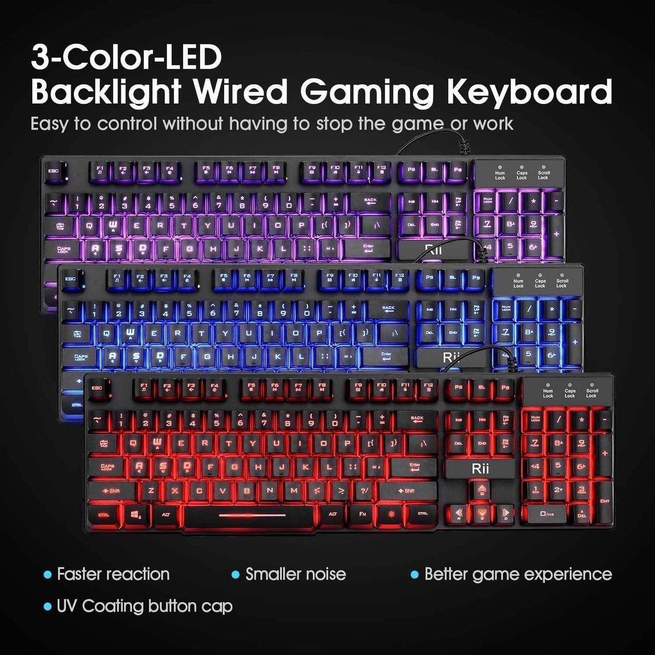 Alt view image 4 of 7 - Rii Gaming Keyboard and Mouse Set, 3-LED Backlit Mechanical Feel Business Office Keyboard Colorful Breathing Backlit Gaming Mouse for Working or Primer Gaming,Office Device (RK108)