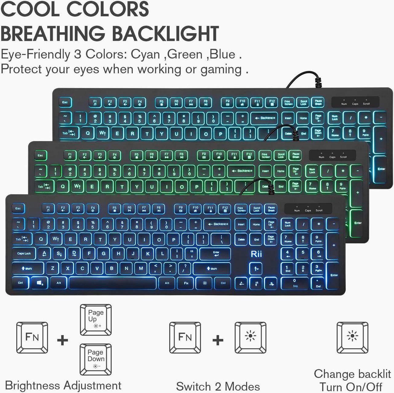 Alt view image 6 of 7 - Rii Three Colors Backlit Keyboard and Mouse, Wired Keyboard and Mouse Combo, USB Keyboard and Mouse Set,Quiet Input Gaming Keyboard,Optical RGB Mouse for School,Office,Business and Gaming