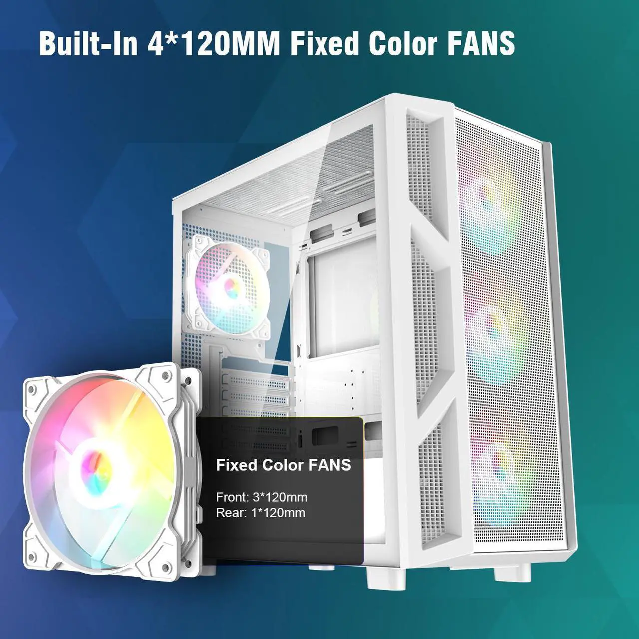 Alt view image 4 of 7 - Ruix CV103 White Color USB3.0 Tempered Glass Side Panel Mid Tower ATX Gaming Computer Case With Fixed Rainbow Fans X4 Pre-installed With Mesh