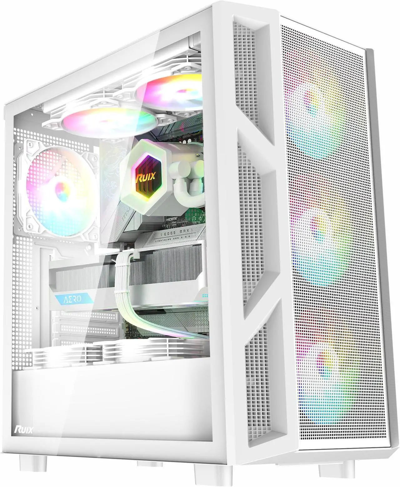 Main image of Ruix CV103 White Color USB3.0 Tempered Glass Side Panel Mid Tower ATX Gaming Computer Case With Fixed Rainbow Fans X4 Pre-installed With Mesh