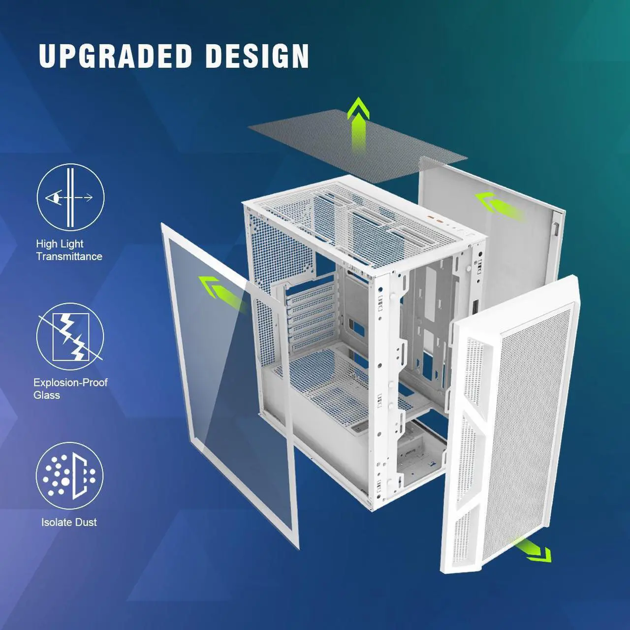 Alt view image 7 of 7 - Ruix CV103 White Color USB3.0 Tempered Glass Side Panel Mid Tower ATX Gaming Computer Case With Fixed Rainbow Fans X4 Pre-installed With Mesh