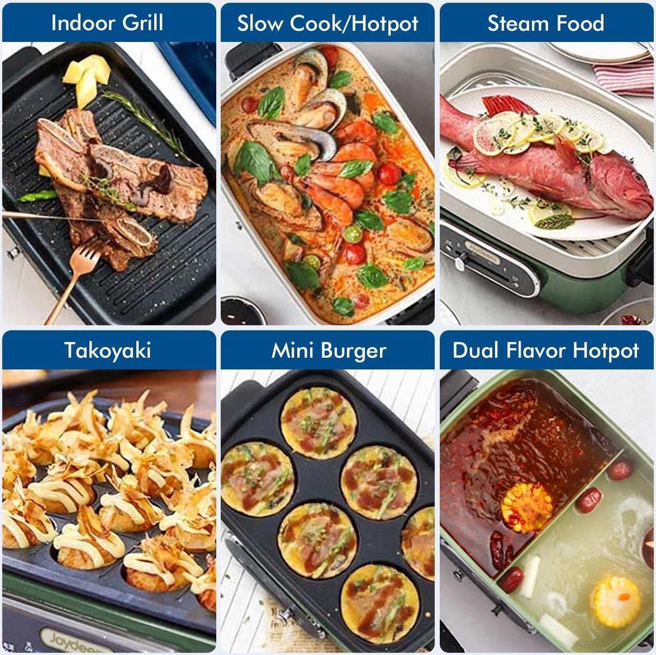 Alt view image 2 of 6 - Joydeem 3-in-1 Electric Hot Pot, Multi-use Shabu Shabu Pot with Grill Pan & Steamer, Non-stick Ceramic Oil Coating, 4.5L, JD-HG9088G, Green