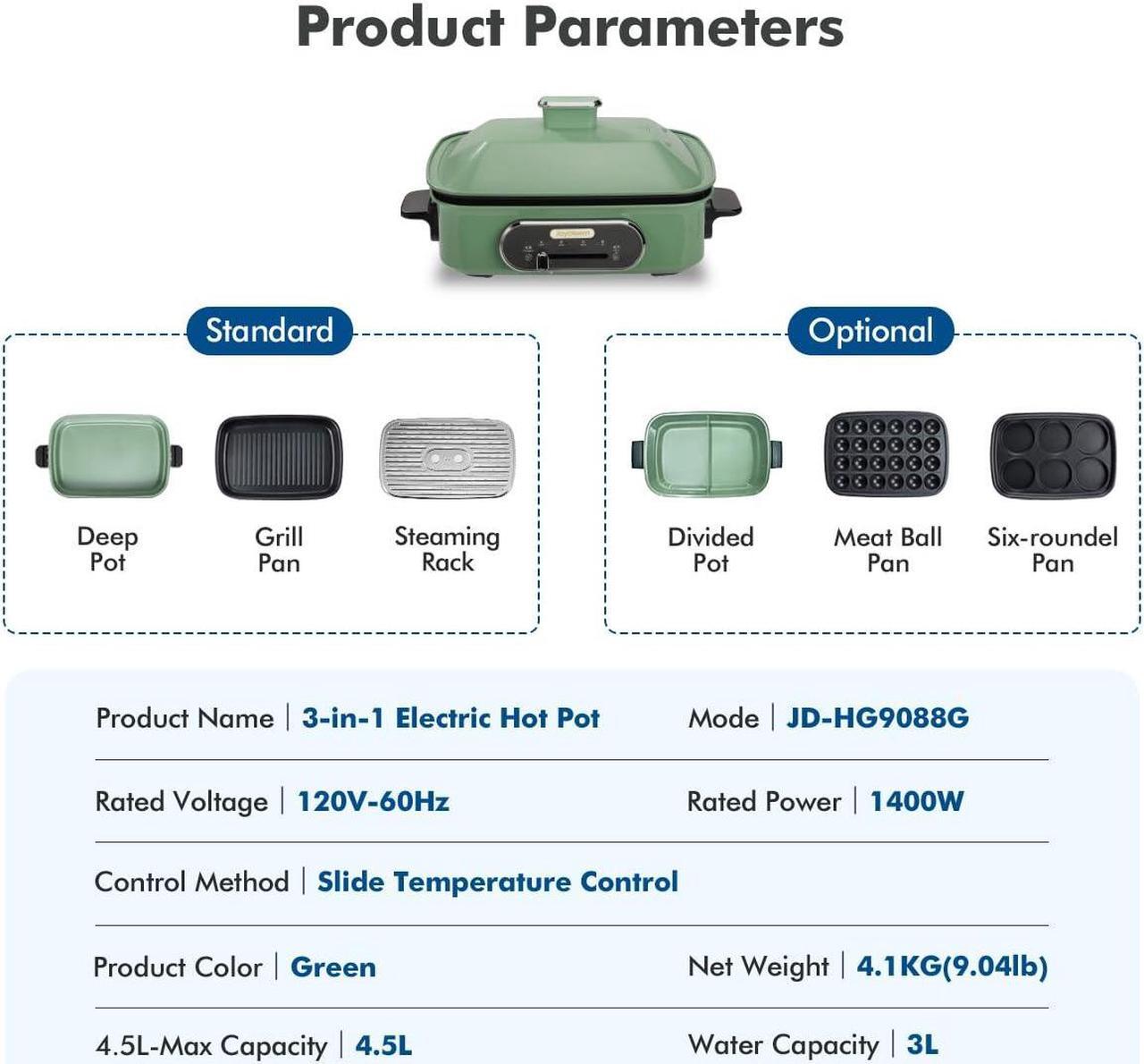 Alt view image 3 of 6 - Joydeem 3-in-1 Electric Hot Pot, Multi-use Shabu Shabu Pot with Grill Pan & Steamer, Non-stick Ceramic Oil Coating, 4.5L, JD-HG9088G, Green