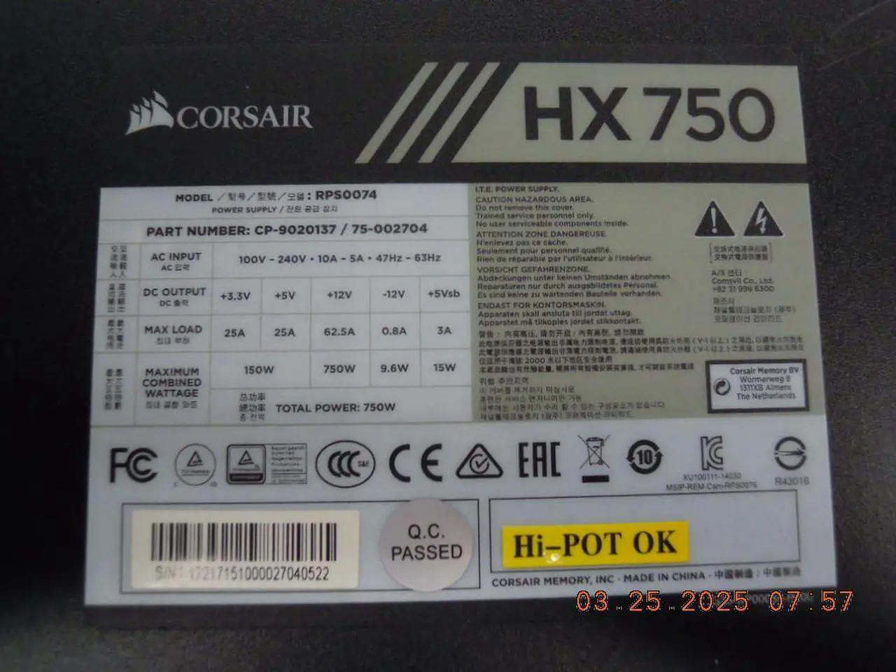 Alt view image 6 of 7 - Corsair HX Series - HX750 ATX12V v2.4 EPS 2.92 Standards AC Power Supply 750 Watt 80 Plus Gold Certified Modular PSU Model RPS0074 P/N: CP-9020137