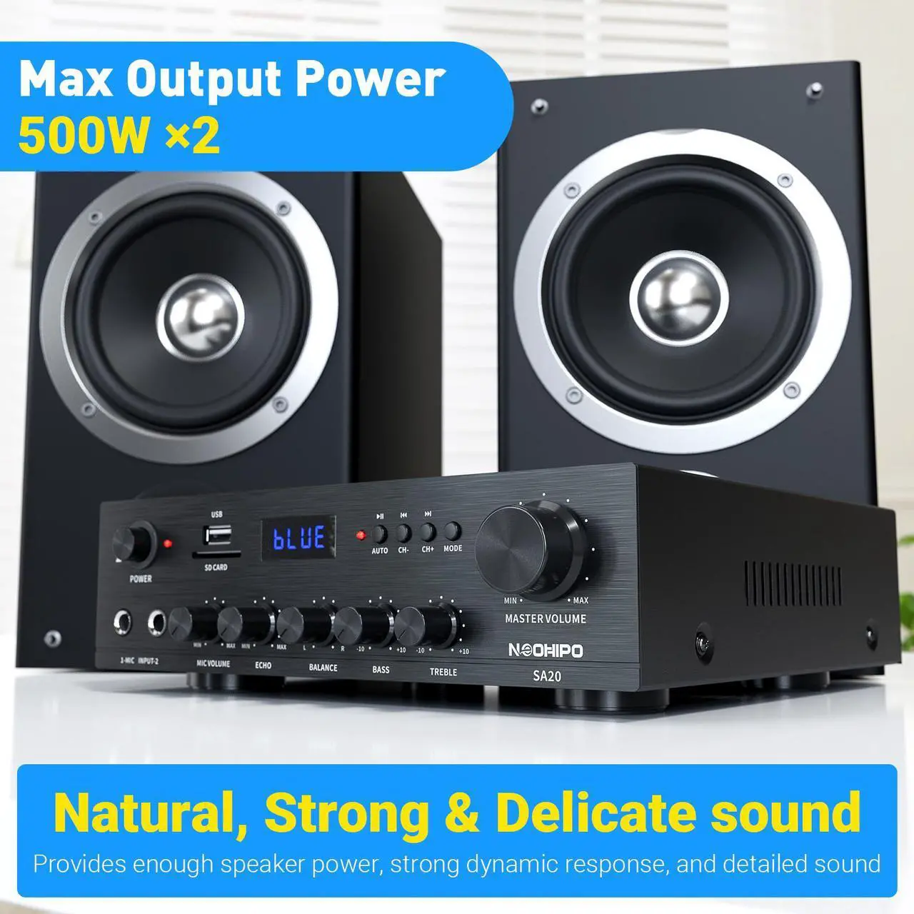 Alt view image 2 of 7 - Neohipo SA20 Stereo Receiver & Amplifier Home Audio Bluetooth Amp, Bluetooth 5.0, 500Wx2, 2.1 Channel