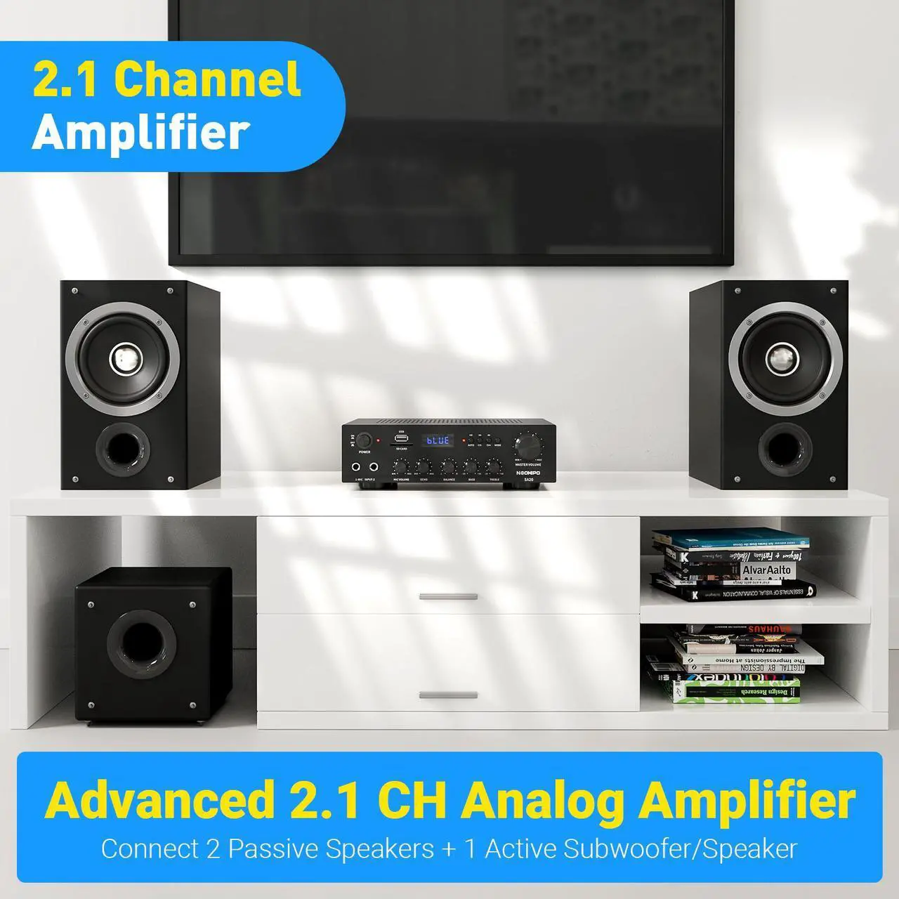 Alt view image 3 of 7 - Neohipo SA20 Stereo Receiver & Amplifier Home Audio Bluetooth Amp, Bluetooth 5.0, 500Wx2, 2.1 Channel