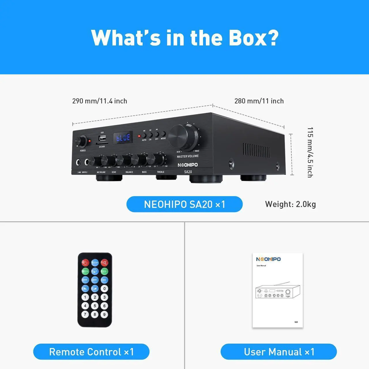 Alt view image 7 of 7 - Neohipo SA20 Stereo Receiver & Amplifier Home Audio Bluetooth Amp, Bluetooth 5.0, 500Wx2, 2.1 Channel