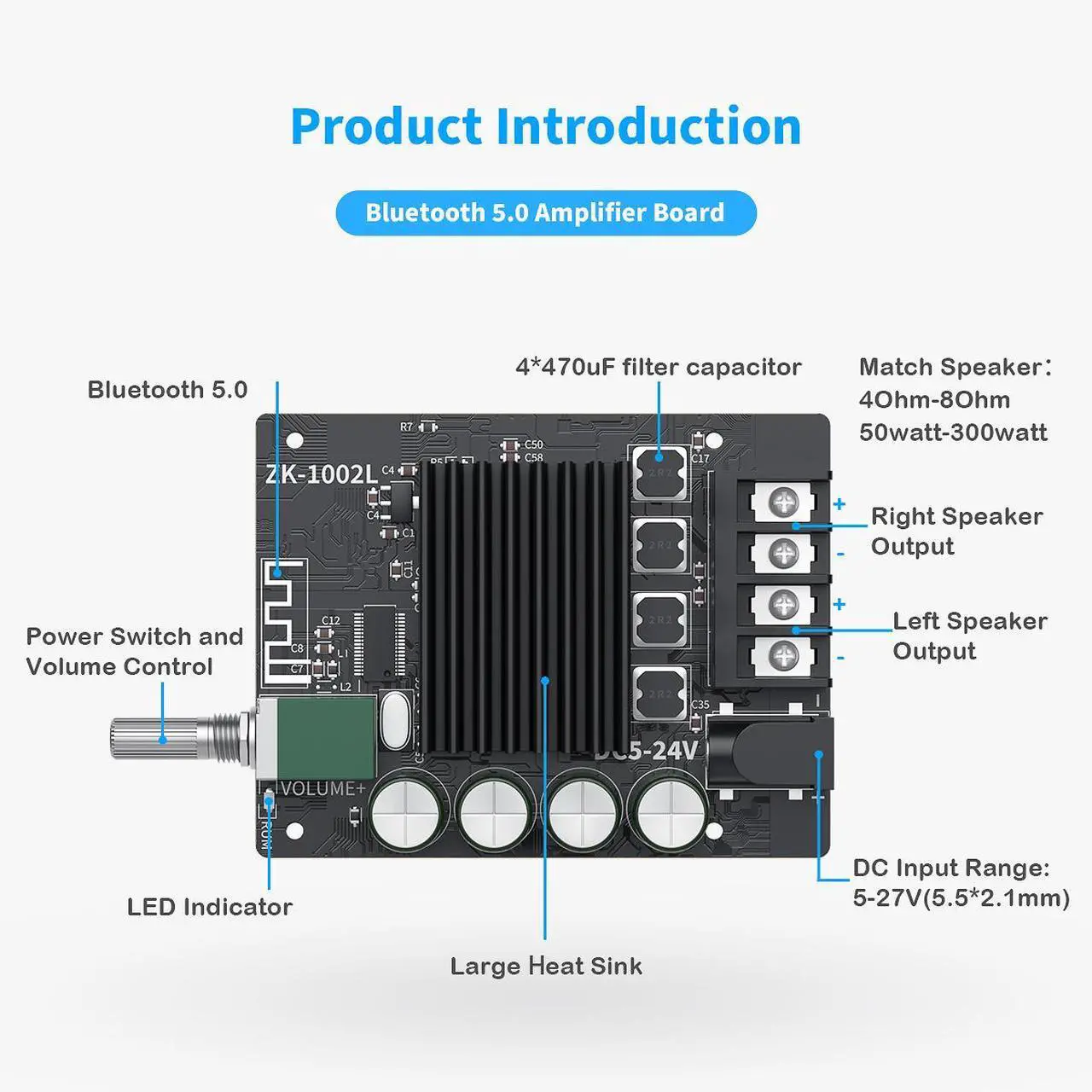 Alt view image 2 of 7 - NEOHIPO ZK-1002L 100W x 2 Bluetooth 5.0 Stereo Audio Receiver Amplifier Board 2 Channel Mini Power Digital Module Amp for Home Passive Speakers