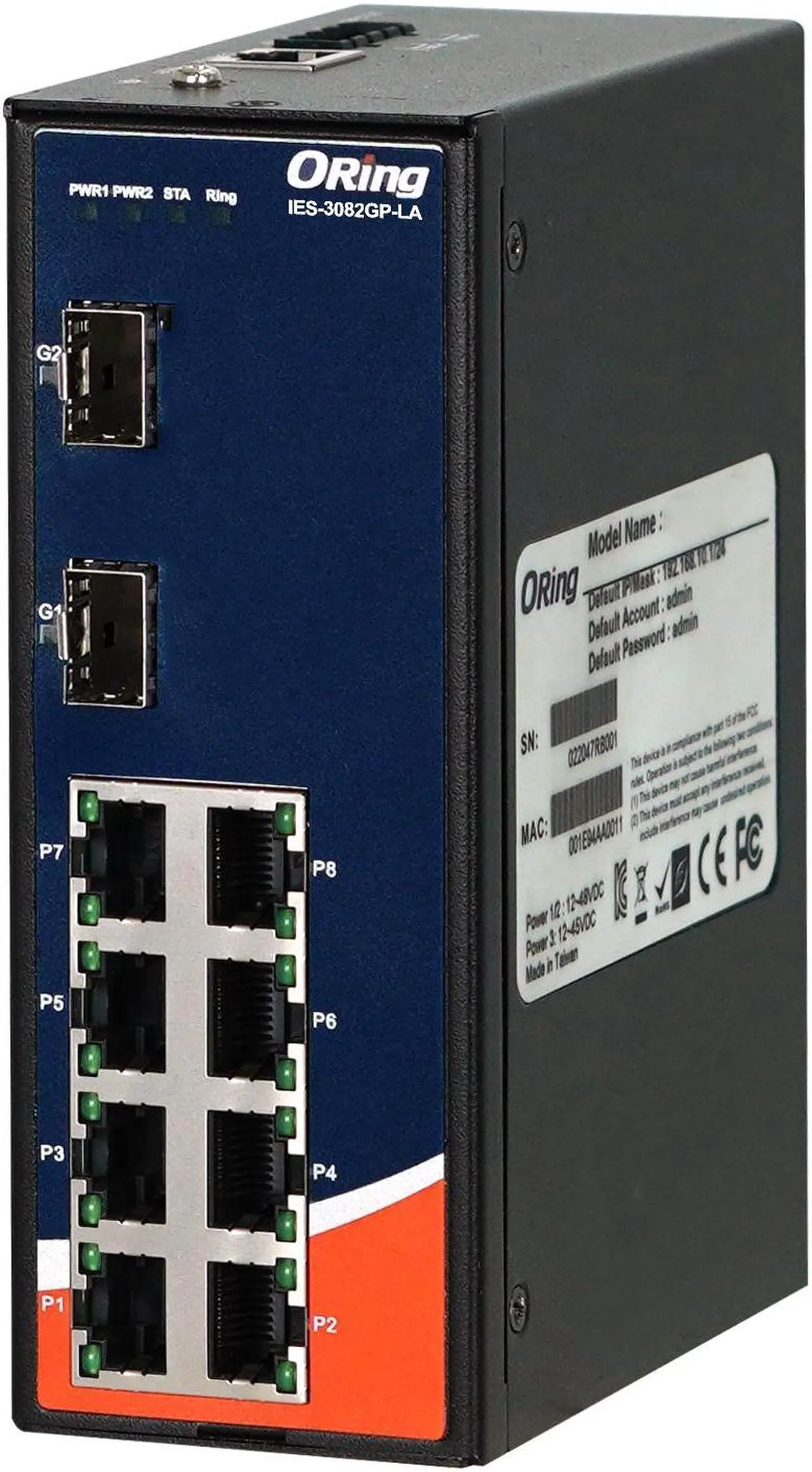 Main image of ORing IES-3082GP-LA Managed Ethernet Switch with 8 10/100BaseTX Ports, 2 100/1000BaseSFP Slots, -40~75°C