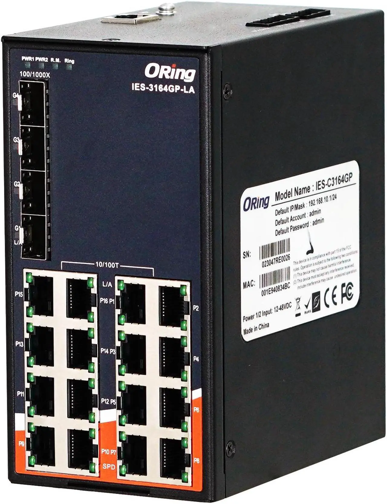 Main image of ORing IES-3164GP-LA Managed Ethernet Switch with 16 10/100BaseTX Ports, 4 100/1000BaseSFP Slots, -40~75°C