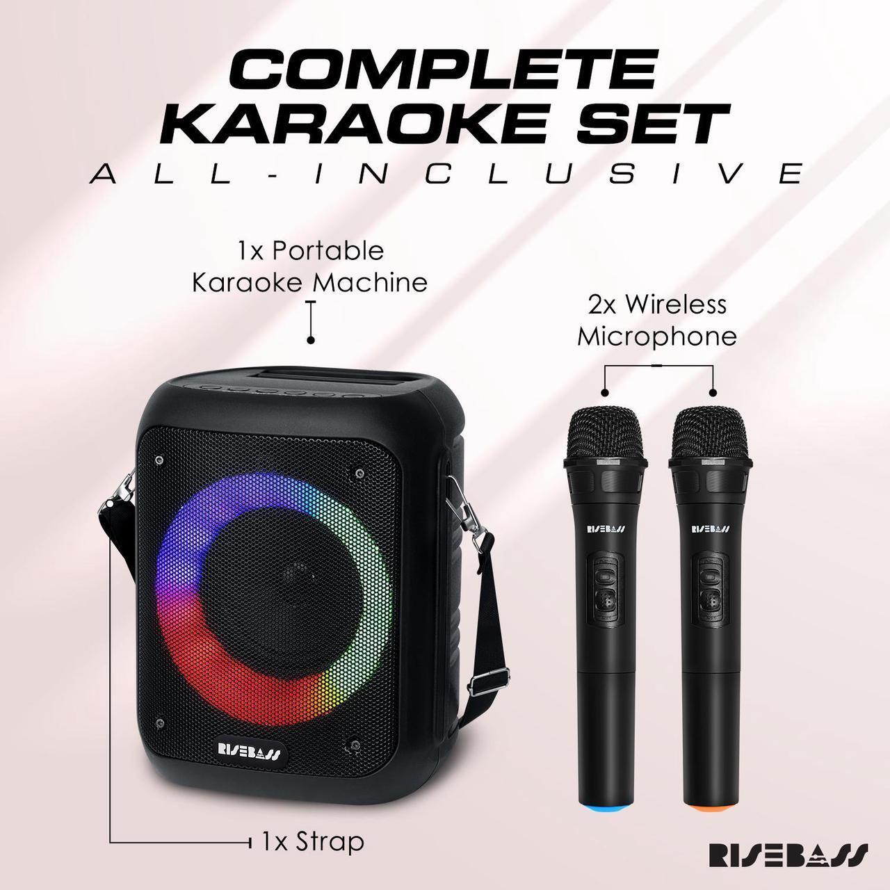 Alt view image 2 of 6 - Risebass Portable Wireless Karaoke Machine with 2 Wireless Microphones - Bluetooth Rechargeable Speaker and PA System with USB/SD/TF Card Support, AUX-in, Tripod Screw Mount and Phone Slot.