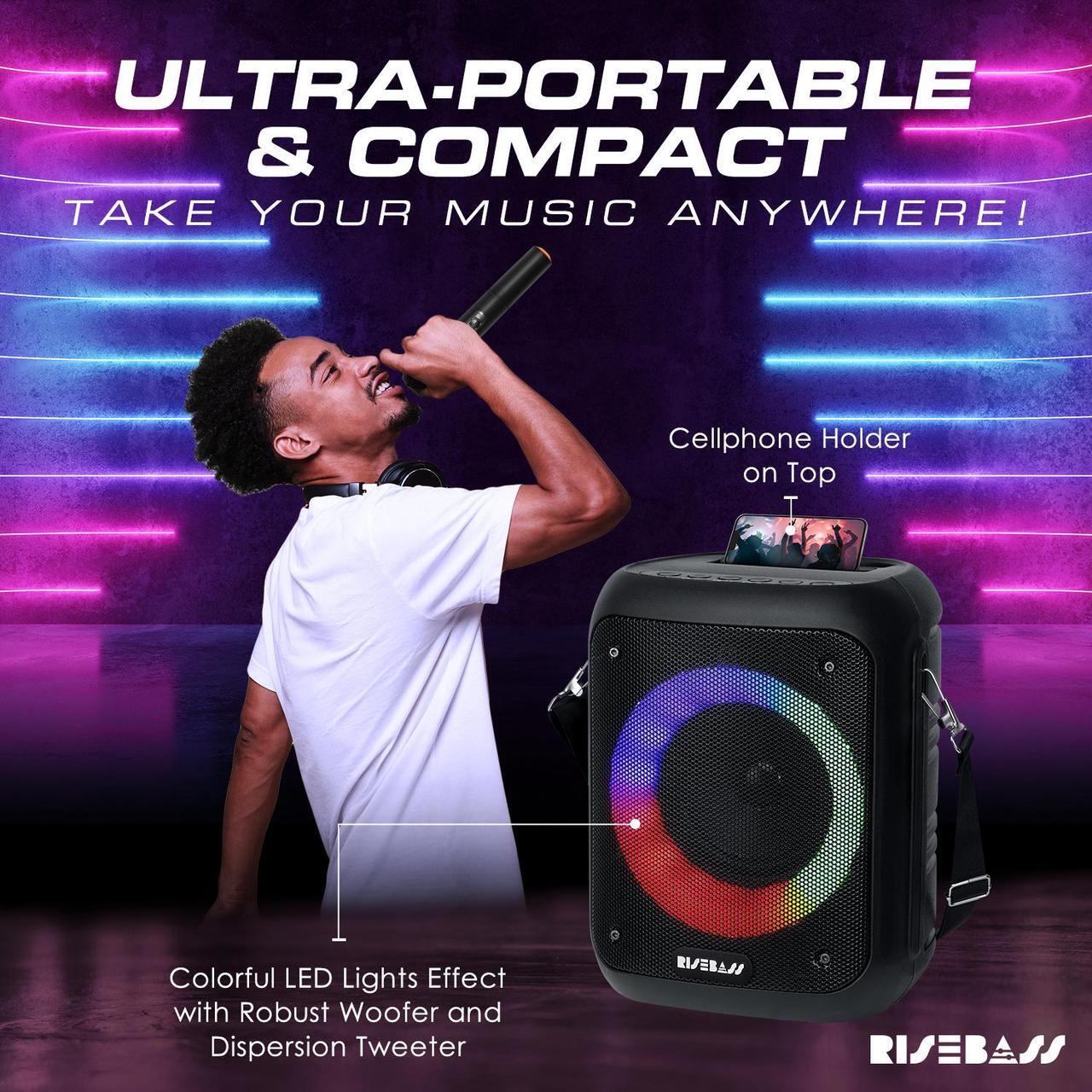 Alt view image 3 of 6 - Risebass Portable Wireless Karaoke Machine with 2 Wireless Microphones - Bluetooth Rechargeable Speaker and PA System with USB/SD/TF Card Support, AUX-in, Tripod Screw Mount and Phone Slot.