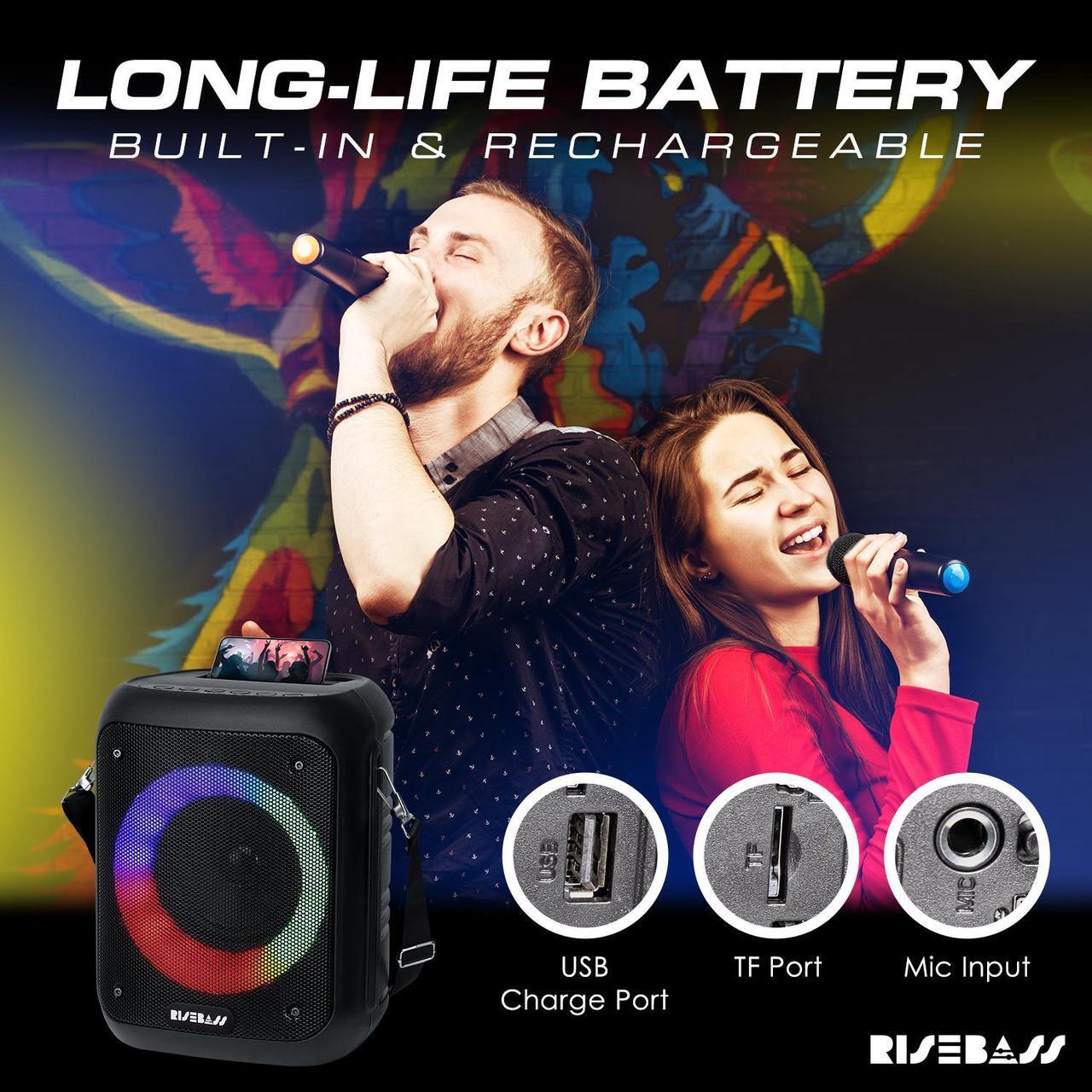 Alt view image 4 of 6 - Risebass Portable Wireless Karaoke Machine with 2 Wireless Microphones - Bluetooth Rechargeable Speaker and PA System with USB/SD/TF Card Support, AUX-in, Tripod Screw Mount and Phone Slot.
