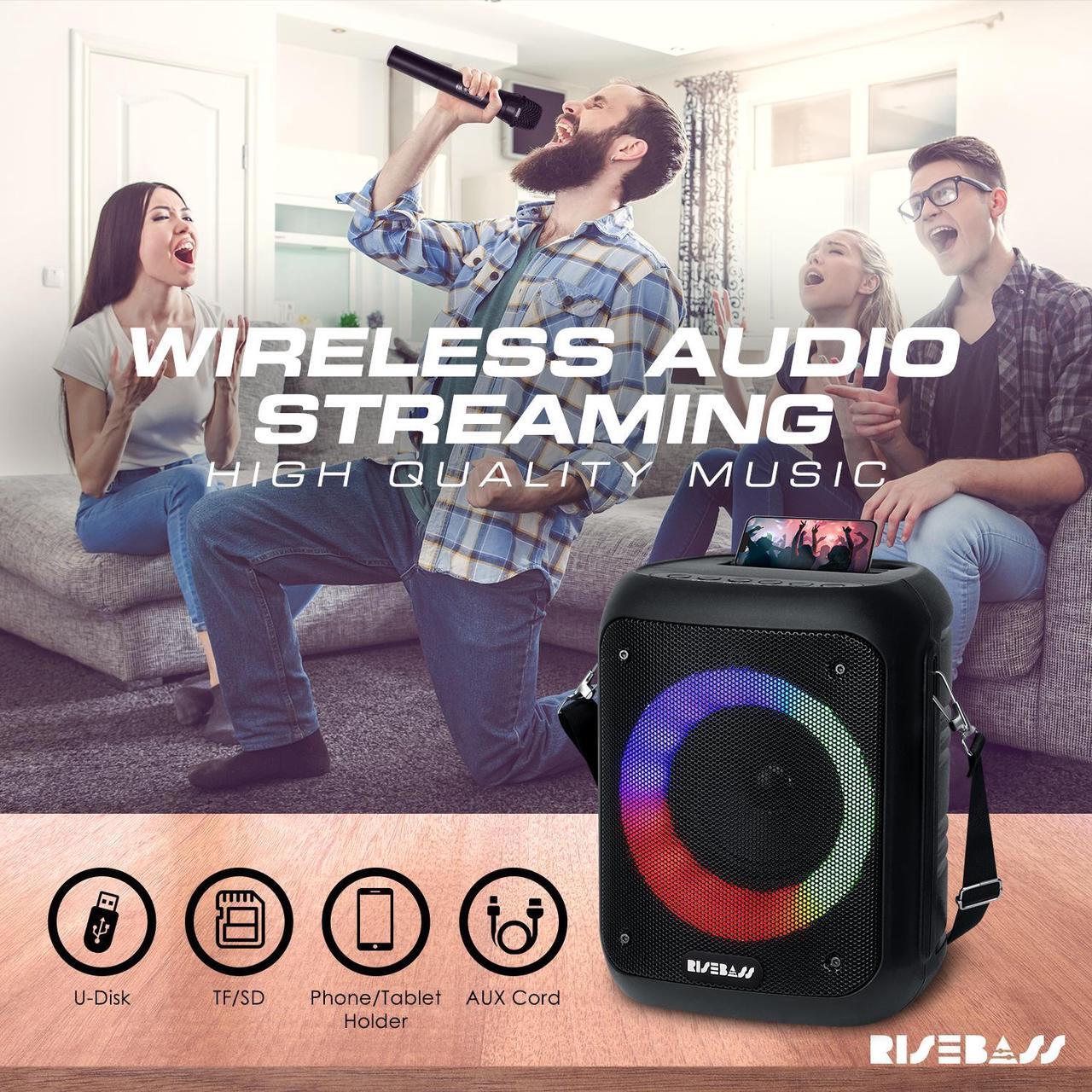 Alt view image 5 of 6 - Risebass Portable Wireless Karaoke Machine with 2 Wireless Microphones - Bluetooth Rechargeable Speaker and PA System with USB/SD/TF Card Support, AUX-in, Tripod Screw Mount and Phone Slot.