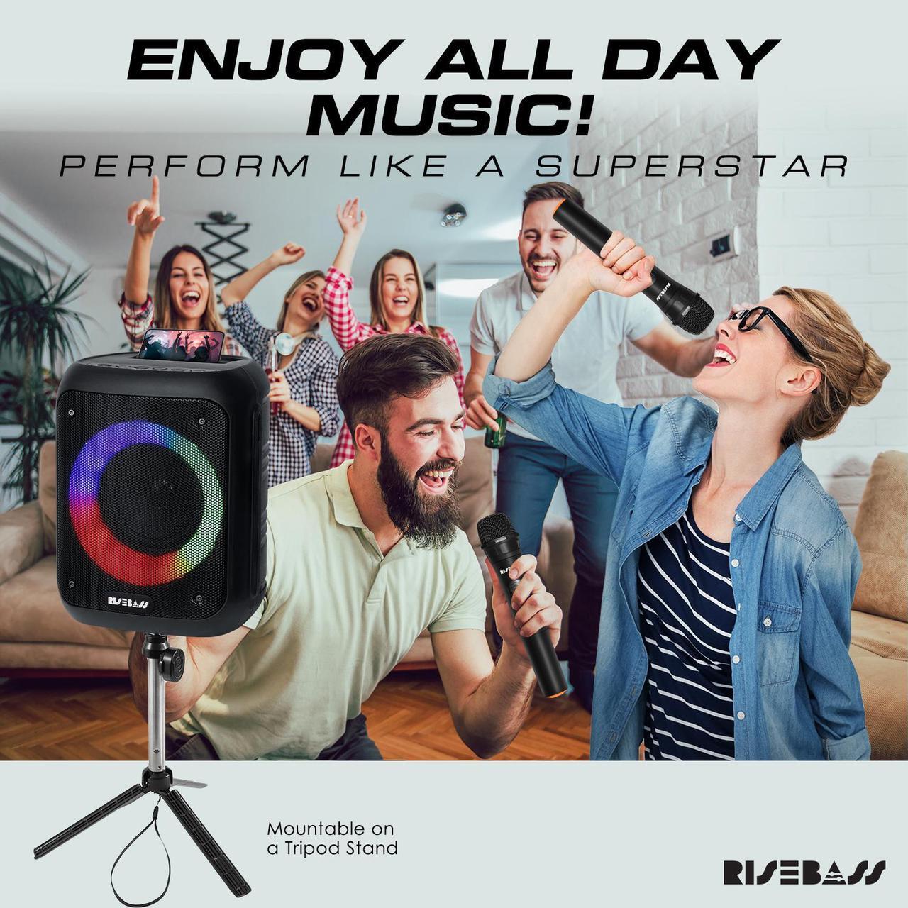 Alt view image 6 of 6 - Risebass Portable Wireless Karaoke Machine with 2 Wireless Microphones - Bluetooth Rechargeable Speaker and PA System with USB/SD/TF Card Support, AUX-in, Tripod Screw Mount and Phone Slot.