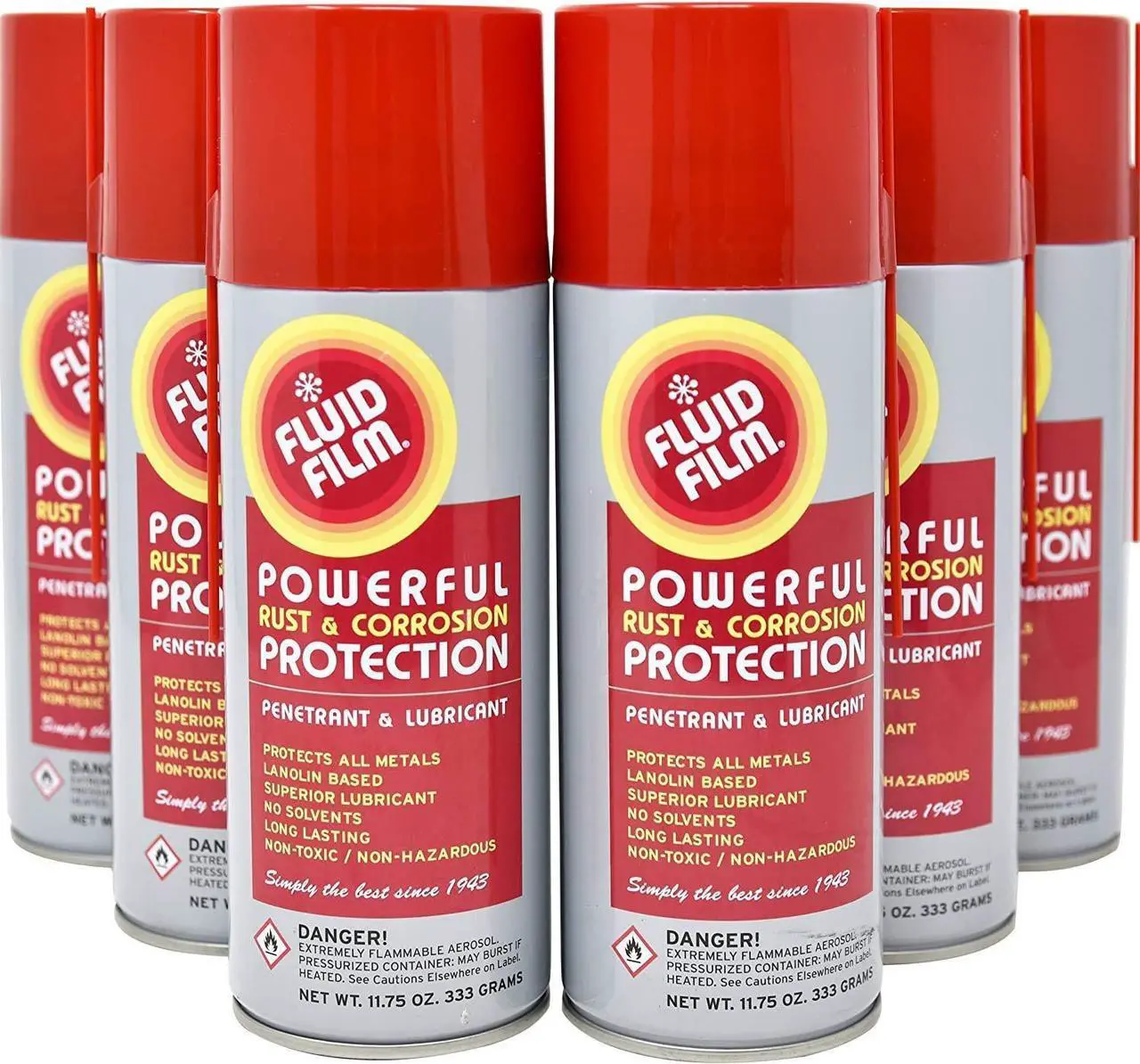 Main image of Fluid Film Rust & Corrosion Protection, Metal Surface Penetrant & Lubricant, Marine, Automotive, Industrial, Home, 11.75 Oz Aerosol Spray (Pack of 6)