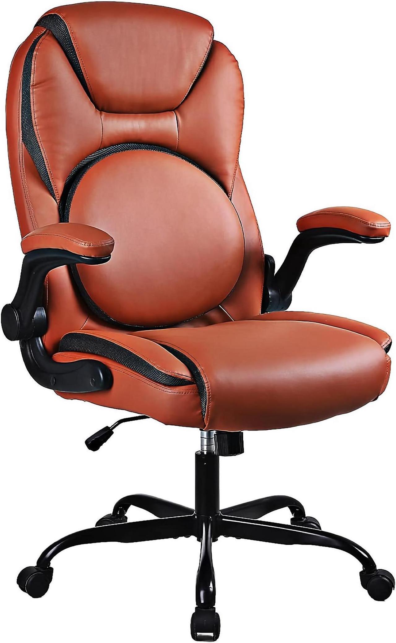 Toytexx Inc Ergonomic Office Chair, Adjustable Swivel Chair with PU Leather, High-Back Lumbar Support, Flip-Up Armrests for Home, Office - GD-9350 - Brown