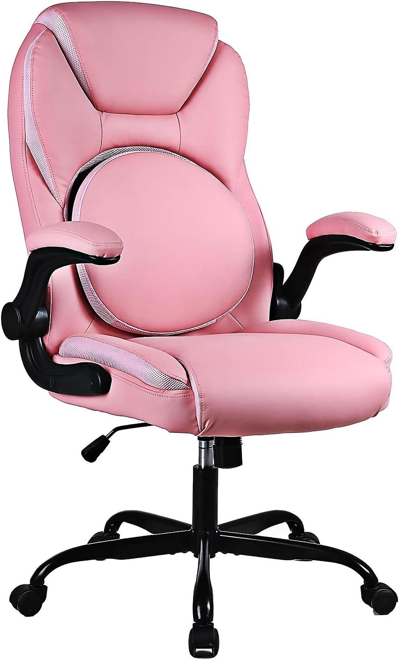 Toytexx Inc Ergonomic Office Chair, Adjustable Swivel Chair with PU Leather, High-Back Lumbar Support, Flip-Up Armrests for Home, Office - GD-9350 - Pink