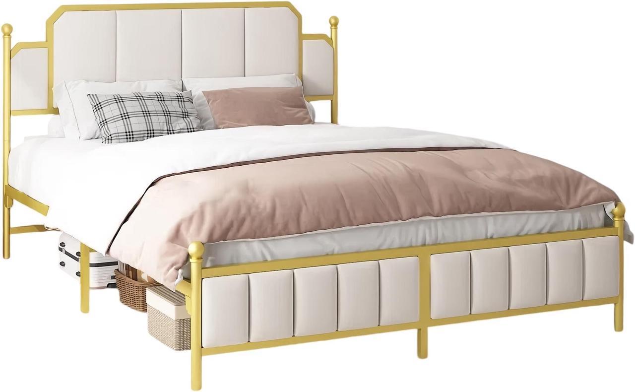 Toytexx Inc Queen Size Upholstered Bed Frame, Metal Bed Frame with Linen Fabric Headboard, Under Bed Storage, No Box Spring Required (Beige) - BD017QNGDWH