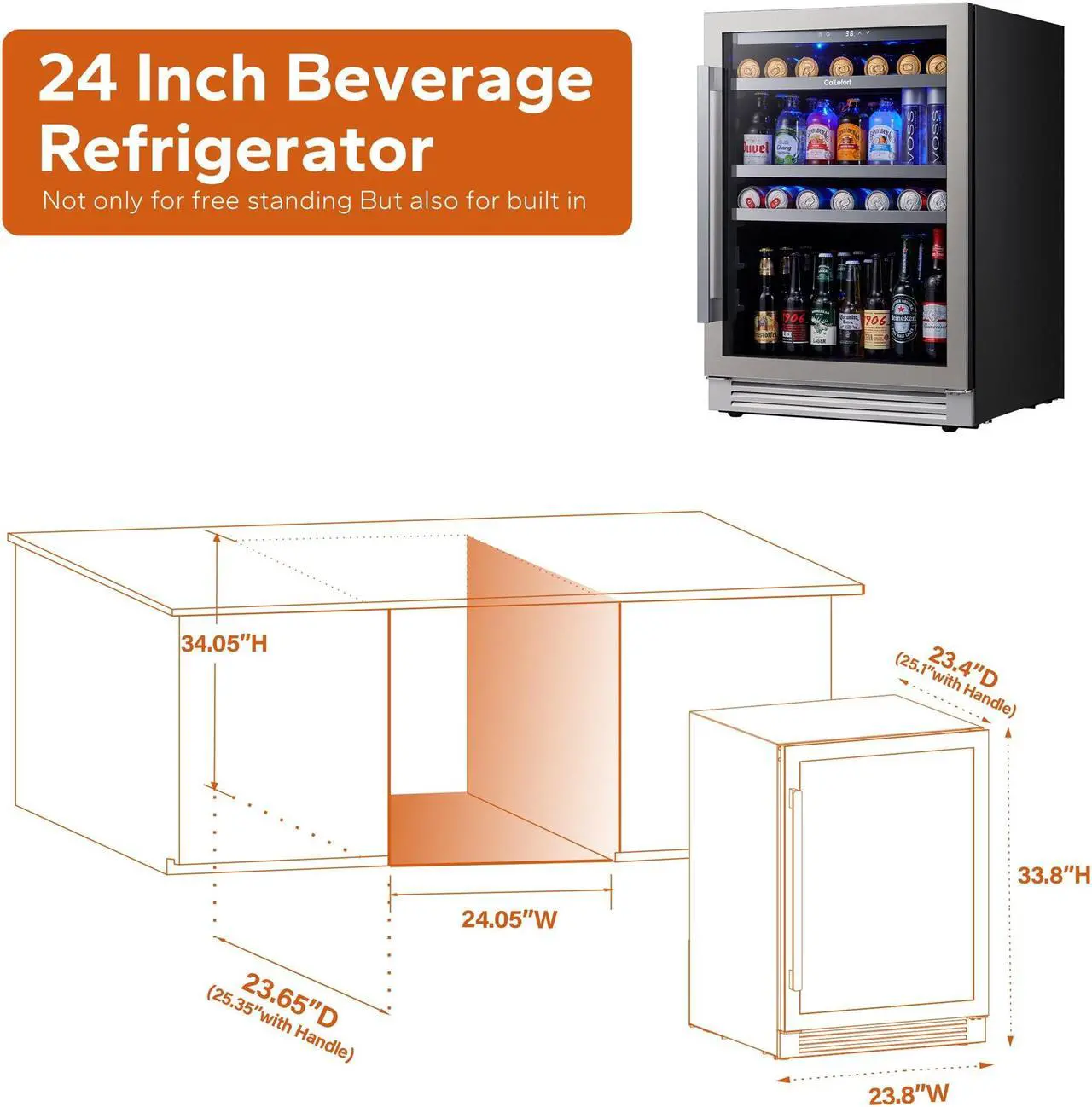 Alt view image 3 of 7 - Ca'Lefort 24 Inch Beverage Refrigerator cooler, 180 Can Beverage Fridge with Glass Door 3 LED Drink Fridge Built in or Freestanding for Home/Kitchen(5.65 cu.ft)