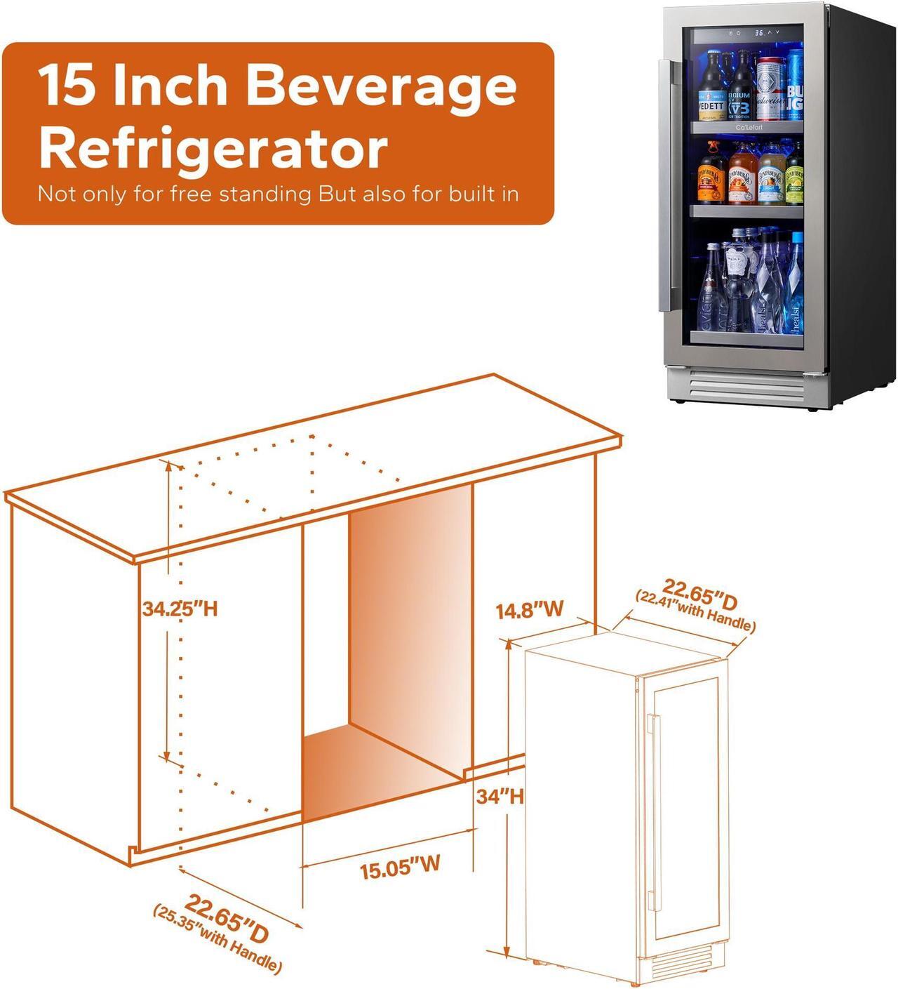Alt view image 3 of 7 - Ca'Lefort 15 Inch Beverage Refrigerator cooler, 80 Can Beverage Fridge with Glass Door Drink Fridge Built-in or Freestanding for Home/Kitchen(3.0 cu.ft)