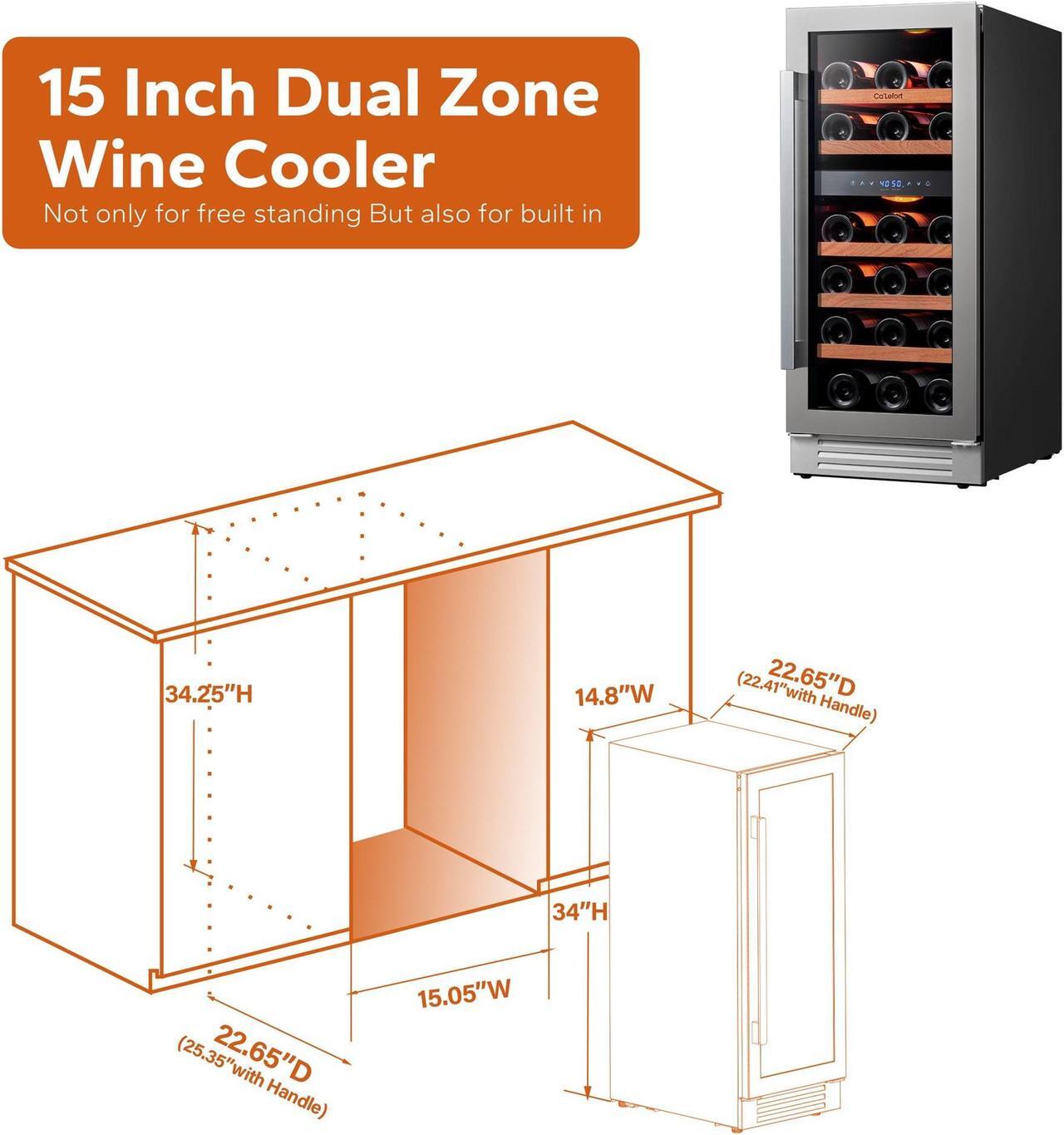 Alt view image 4 of 7 - Ca'Lefort 15 Inch Wine Fridge, 28 Bottle Wine Cooler Refrigerator with Glass Door, 3 LED Dual Zone Wine cllear, Built-in or Freestanding for Home/Bar/Kitchen (3.0 cu.ft)