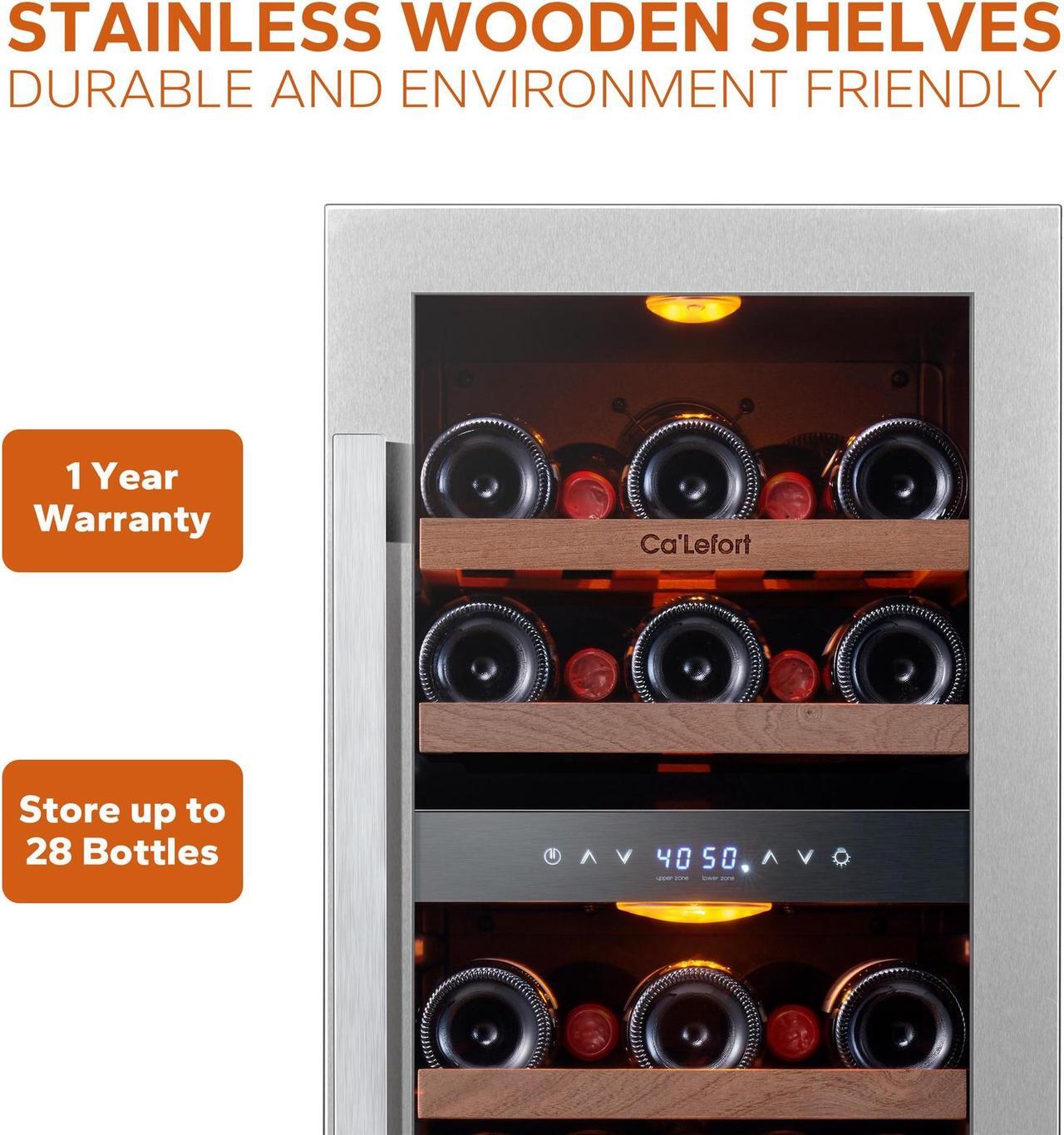 Alt view image 3 of 7 - Ca'Lefort 15 Inch Wine Fridge, 28 Bottle Wine Cooler Refrigerator with Glass Door, 3 LED Dual Zone Wine cllear, Built-in or Freestanding for Home/Bar/Kitchen (3.0 cu.ft)