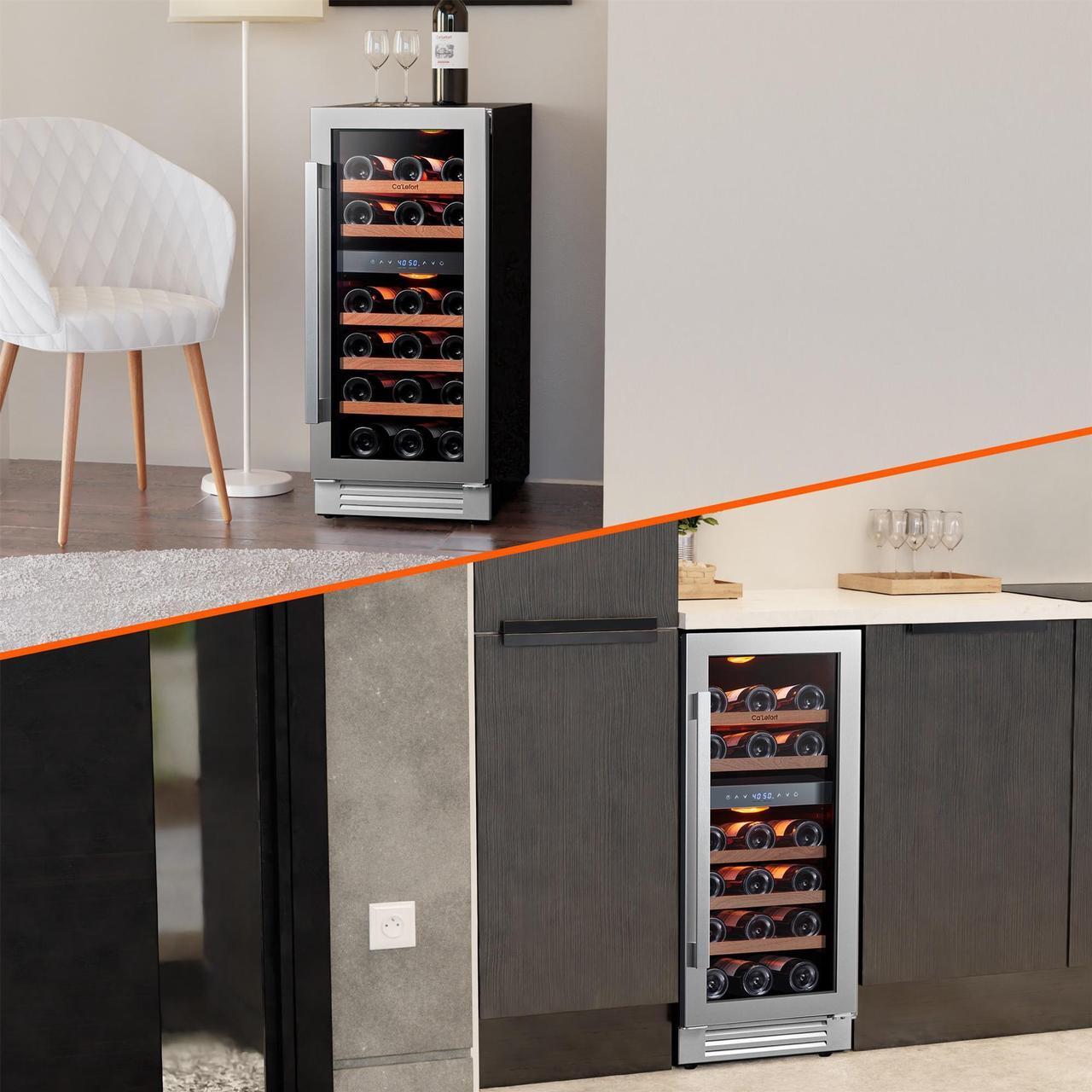 Alt view image 5 of 7 - Ca'Lefort 15 Inch Wine Fridge, 28 Bottle Wine Cooler Refrigerator with Glass Door, 3 LED Dual Zone Wine cllear, Built-in or Freestanding for Home/Bar/Kitchen (3.0 cu.ft)
