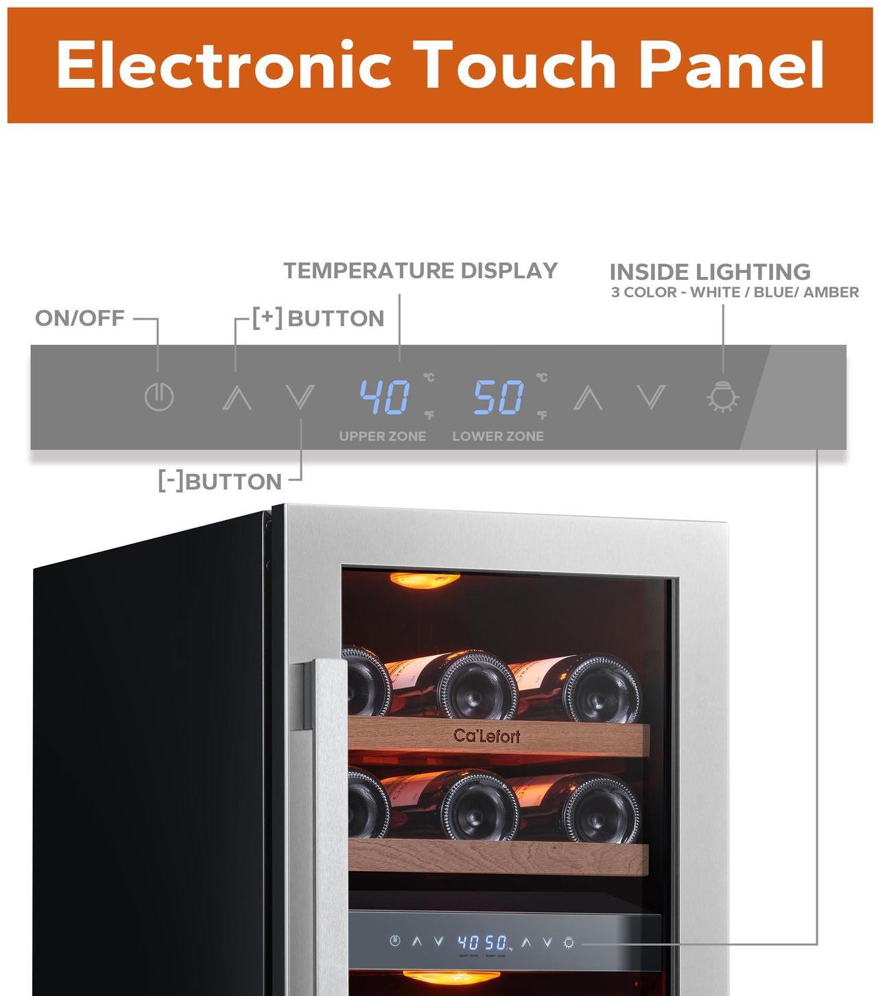 Alt view image 3 of 7 - Ca'Lefort Quiet Wine Refrigerator - Compressor Cooling & 40-65°F Precision Control Freestanding Design & 85L Storage | Amber/White/Blue LED Lighting for Stylish Display