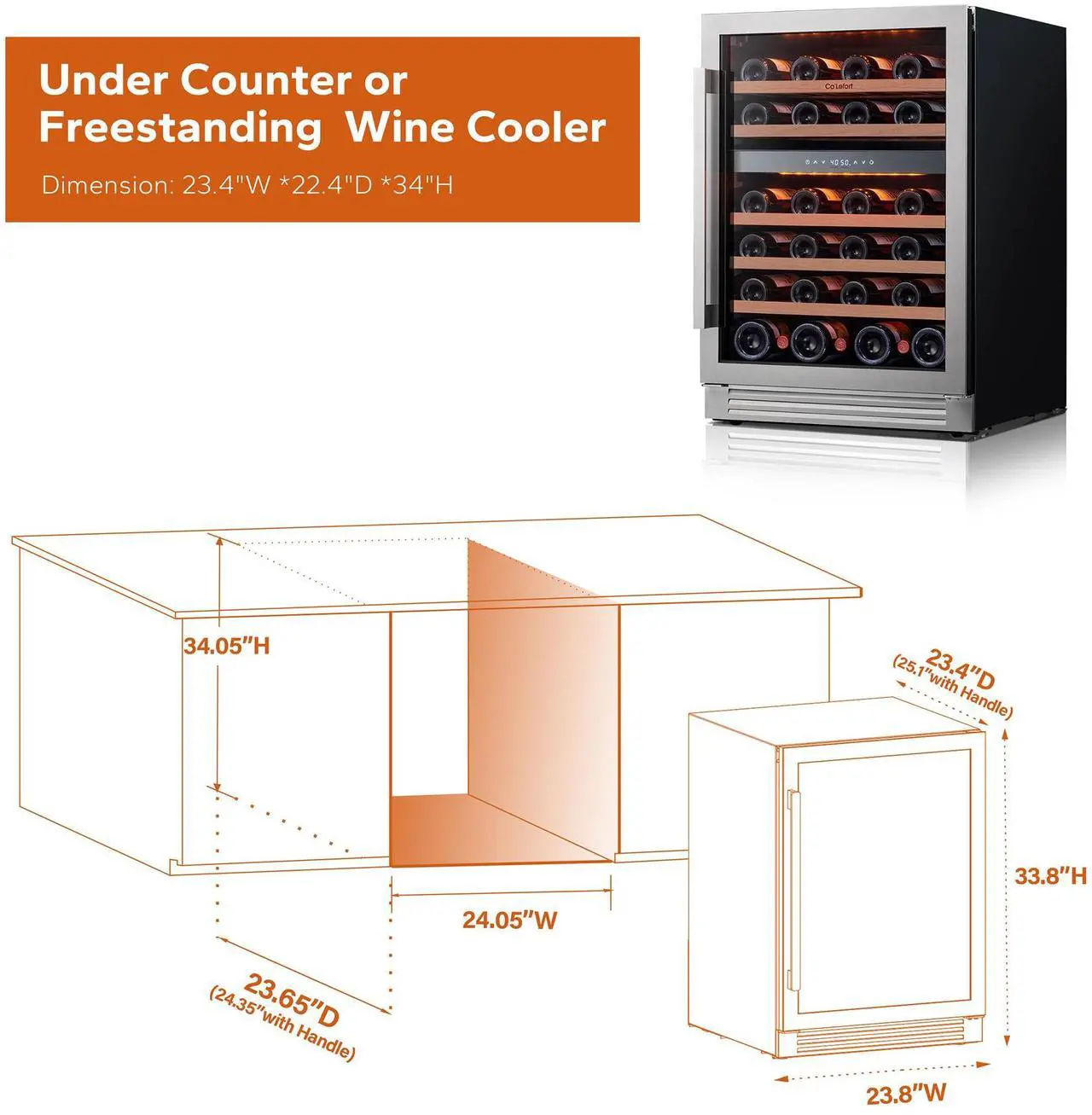 Alt view image 5 of 7 - Ca'Lefort Quiet Wine Refrigerator - 40-65°F Dual-Zone Control & Freestanding Design 5.65 Cu.Ft Capacity with Amber/White/Blue LED Lighting | Perfect for Entertainment/Kitchen Use