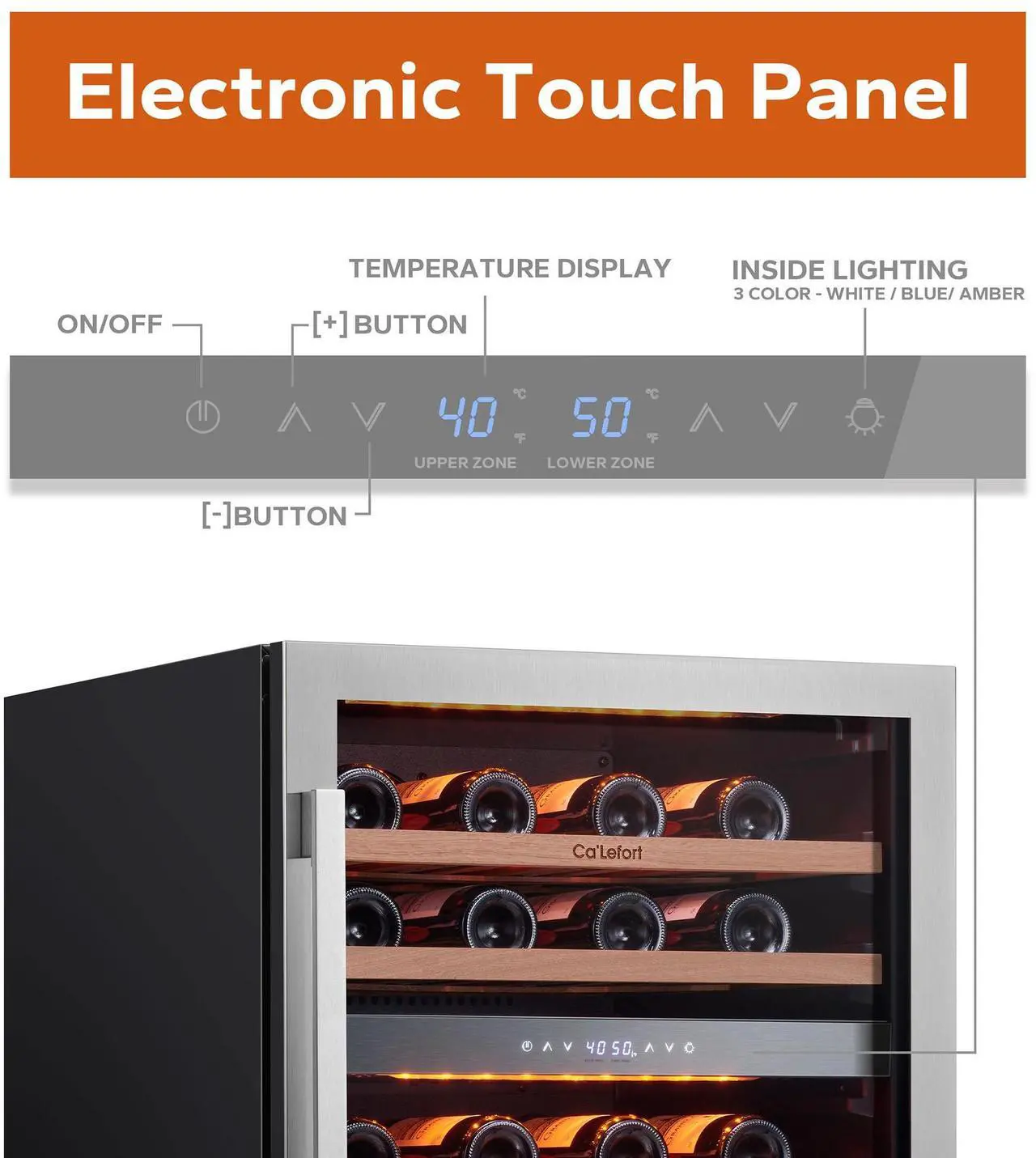 Alt view image 3 of 7 - Ca'Lefort Quiet Wine Refrigerator - 40-65°F Dual-Zone Control & Freestanding Design 5.65 Cu.Ft Capacity with Amber/White/Blue LED Lighting | Perfect for Entertainment/Kitchen Use