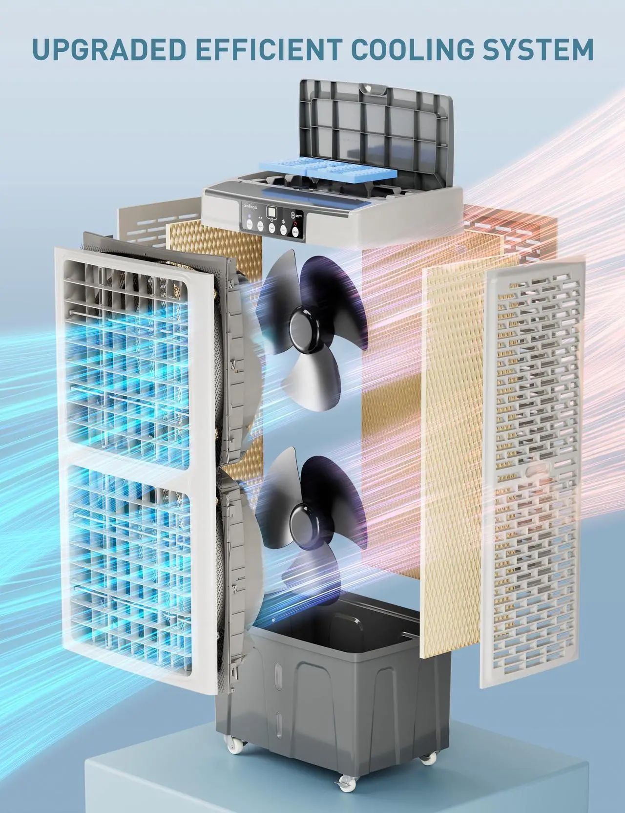 Alt view image 4 of 7 - Zelngo ZG-21A Hybrid Evaporative Cooler & Air Cooling System - 35L Large Tank, 3 Speeds, Ice Boxes, Remote Control, 100° Oscillation - Quiet Air Conditioner Alternative for Bedroom, Commercial