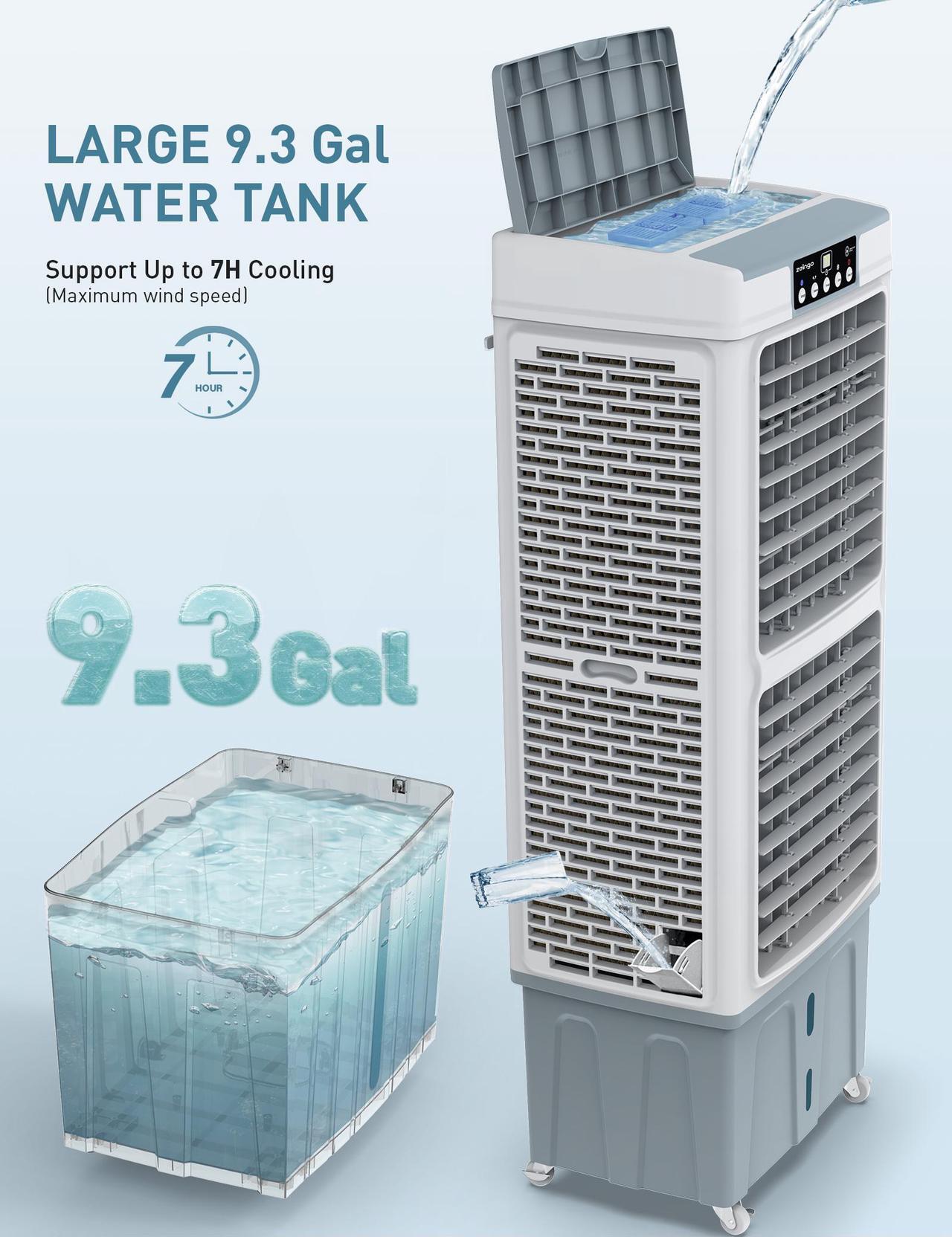 Alt view image 3 of 7 - Zelngo ZG-21A Evaporative Air Cooler & Portable Cooling Fan - 35L Tank, Dual Ice-Crystal Cooling, Remote Control, Ultra-Quiet 65dB, 24H Timer - Energy-Efficient AC Substitute for Home, Office, Garage