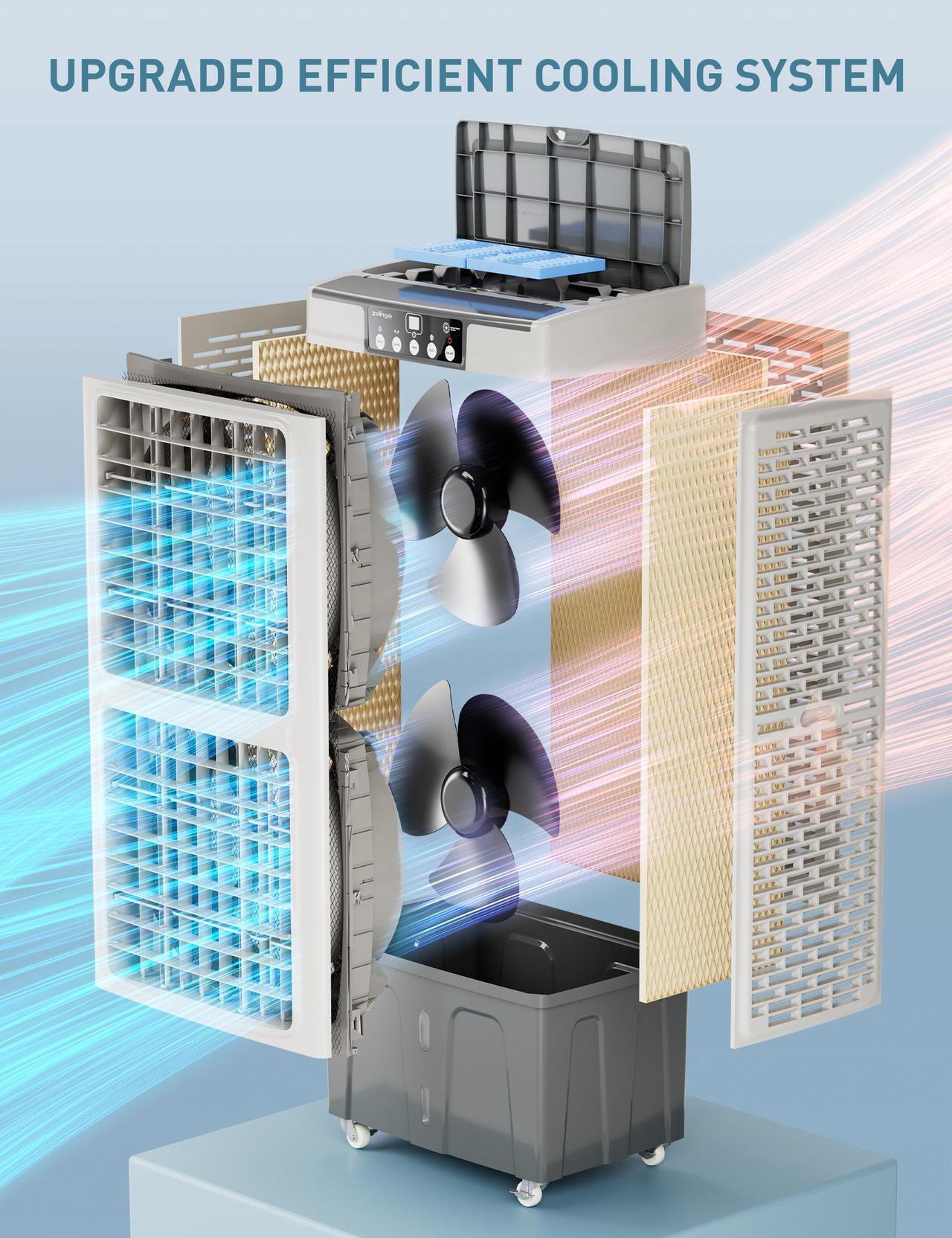 Alt view image 4 of 7 - Zelngo ZG-21A Evaporative Air Cooler & Portable Cooling Fan - 35L Tank, Dual Ice-Crystal Cooling, Remote Control, Ultra-Quiet 65dB, 24H Timer - Energy-Efficient AC Substitute for Home, Office, Garage