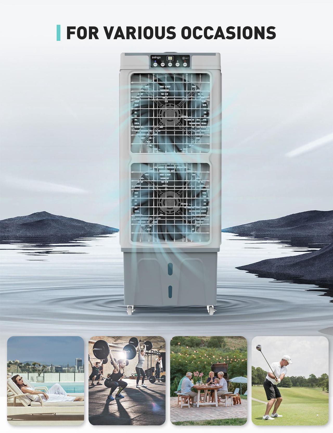 Alt view image 5 of 7 - Zelngo ZG-21A Evaporative Air Cooler & Portable Cooling Fan - 35L Tank, Dual Ice-Crystal Cooling, Remote Control, Ultra-Quiet 65dB, 24H Timer - Energy-Efficient AC Substitute for Home, Office, Garage