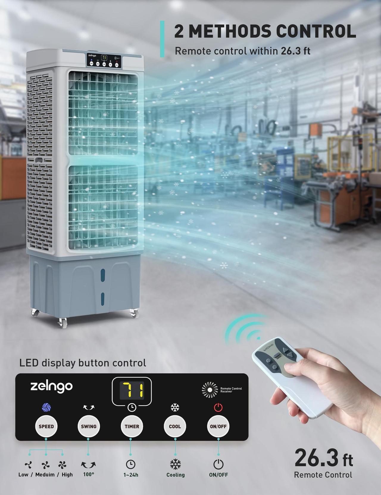 Alt view image 6 of 7 - Zelngo ZG-21A Evaporative Air Cooler & Portable Cooling Fan - 35L Tank, Dual Ice-Crystal Cooling, Remote Control, Ultra-Quiet 65dB, 24H Timer - Energy-Efficient AC Substitute for Home, Office, Garage