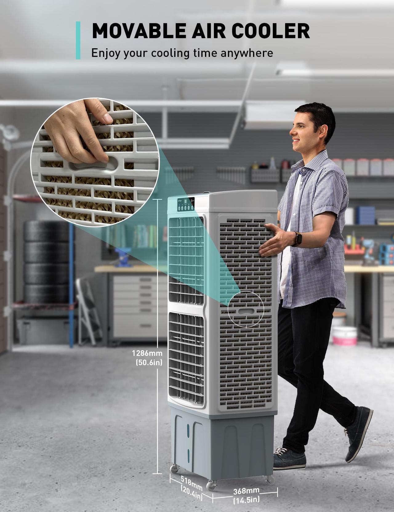 Alt view image 7 of 7 - Zelngo ZG-21A Evaporative Air Cooler & Portable Cooling Fan - 35L Tank, Dual Ice-Crystal Cooling, Remote Control, Ultra-Quiet 65dB, 24H Timer - Energy-Efficient AC Substitute for Home, Office, Garage