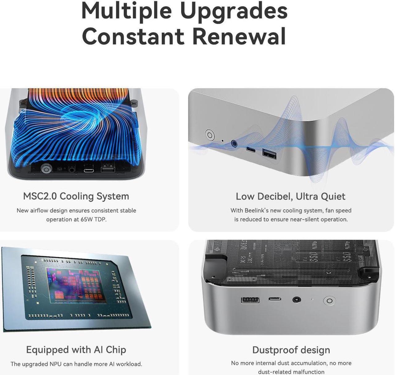 Alt view image 4 of 7 - Beelink SER8 Mini PC,AMD Ryzen 7 8845HS Mini Computers (up to 5.1GHz),32GB DDR5 RAM&1TB M.2 PCIe4.0 SSD,AMD Radeon 780M,Support 4K Triple Display(HDMI+DP+USB)/WiFi6/BT5.2