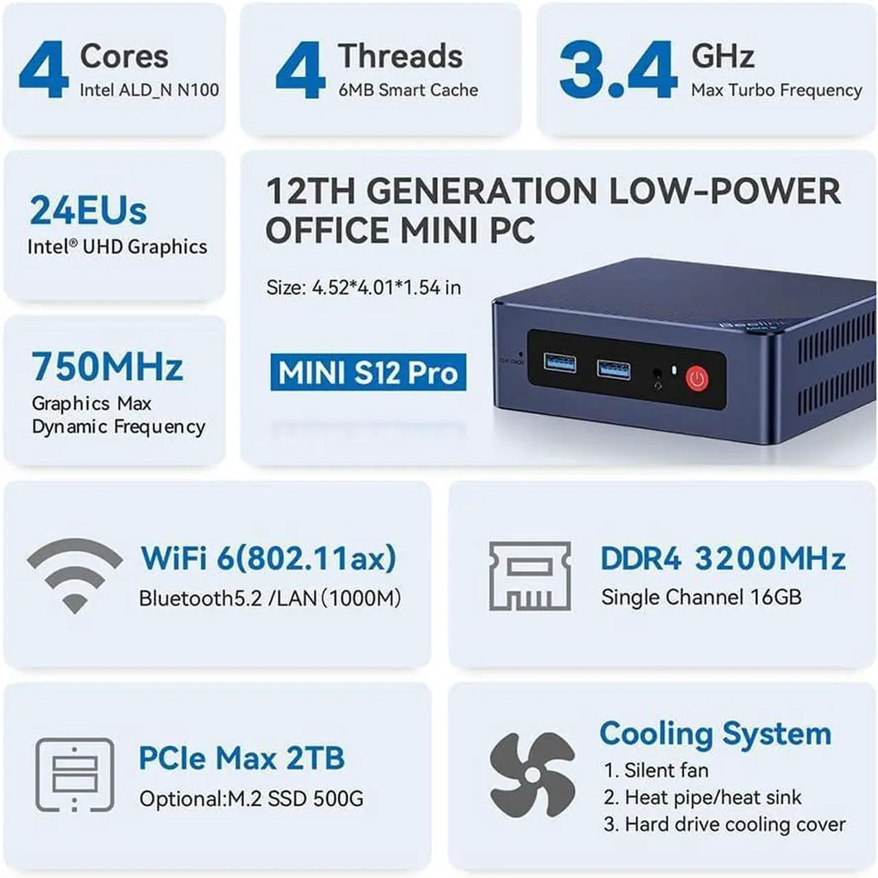 Alt view image 2 of 7 - Beelink N100 Mini PC Mini S12 Pro 16GB DDR4 500GB SSD 12th Generation Processor N100 4C 4T Max 3.4GHz, LAN 2.5G /2* HDMI 4K@60Hz Output Gigabit Ethernet/WiFi 6 / BT-5.2