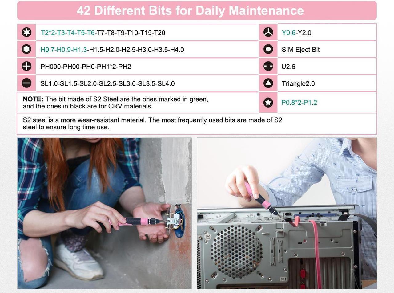 Alt view image 2 of 7 - VCELINK Pink Screwdriver Set, Upgraded Small Precision Screwdriver Kit 45 in 1 with Case, Magnetic Repair Tool Set Gift for Women Compatible with PC, Electronic, Watch, Eyeglasses, DIY Project