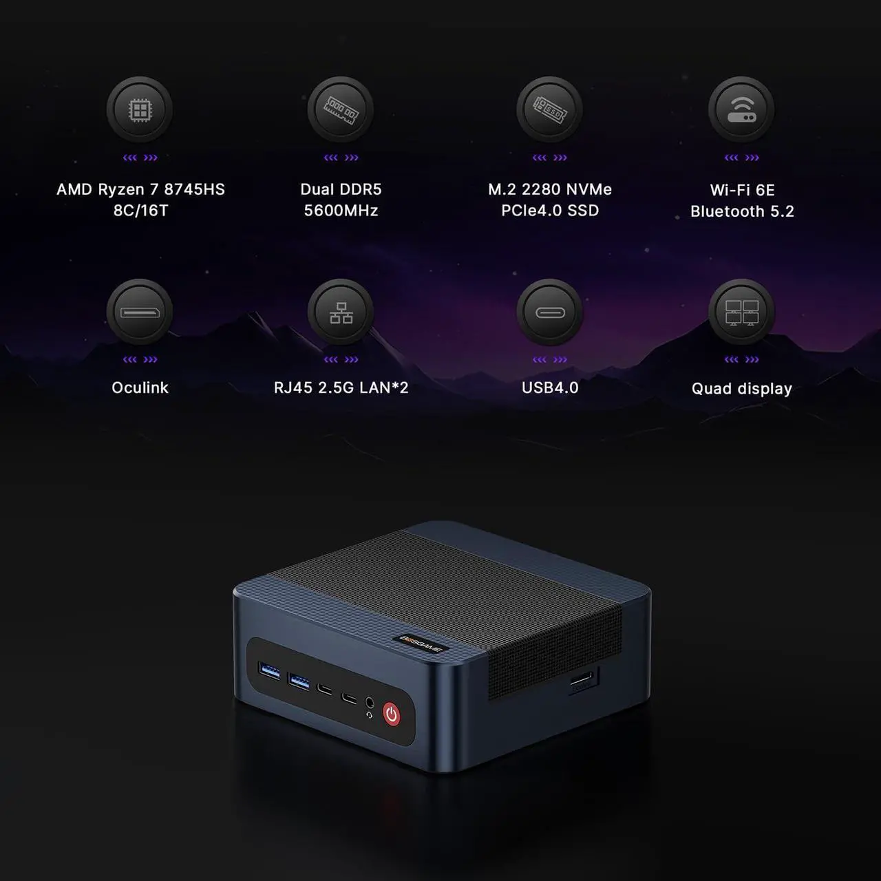 Alt view image 2 of 7 - BOSGAME M4 Mini PC Desktop Computers, AMD Ryzen 7 8745HS, 32GB DDR5, 1TB PCle SSD, 4K Triple Display & USB4 & Oculink, Dual 2.5G LAN & Wi-Fi 6E & BT5.2, Compact Silent PC for Gaming, Office, Design