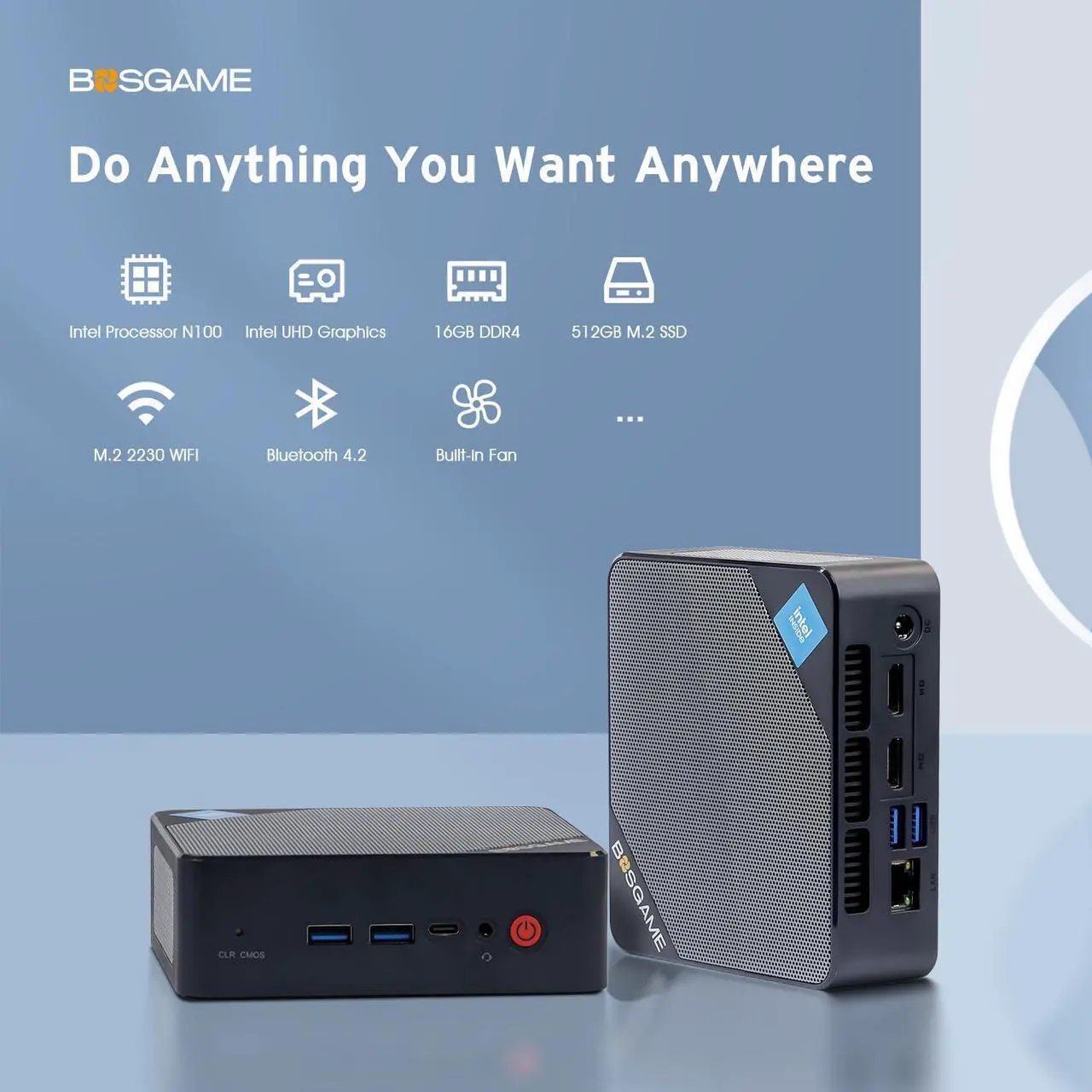 Alt view image 2 of 7 - BOSGAME B100 Mini PC Intel 12th Gen N100 Windows 11 Pro, 16GB DDR4 RAM 512GB PCIe x1 SSD Mini Desktop Computers, 4K Triple Display by Dual HDMI+Type-C for Home, Office
