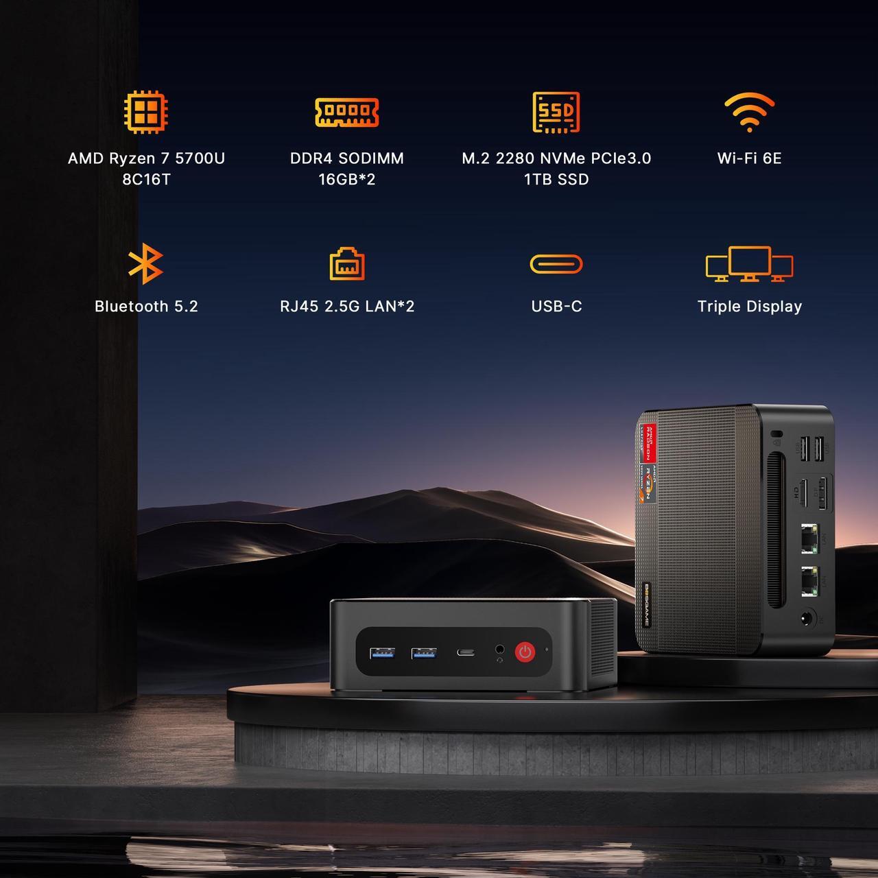Alt view image 2 of 7 - BOSGAME P4 Mini PC, AMD Ryzen 7 5700U 32GB DDR4 RAM 1TB PCIe 3.0 SSD, Winodws 11 Pro/Triple 4K Displays/Dual 2.5 GbE LAN/WiFi6E/BT5.2