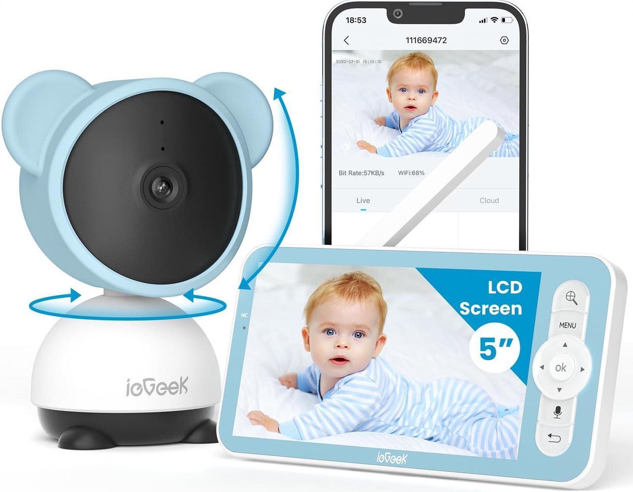 ieGeek 5'' Baby Monitor, WiFi Smartphone 1080P Baby Camera Via Screen and App Control, Night Vision Video Baby Monitor with Sound& Motion Detection, 2-Way Talk, 360° PTZ, LCD Monitor Control