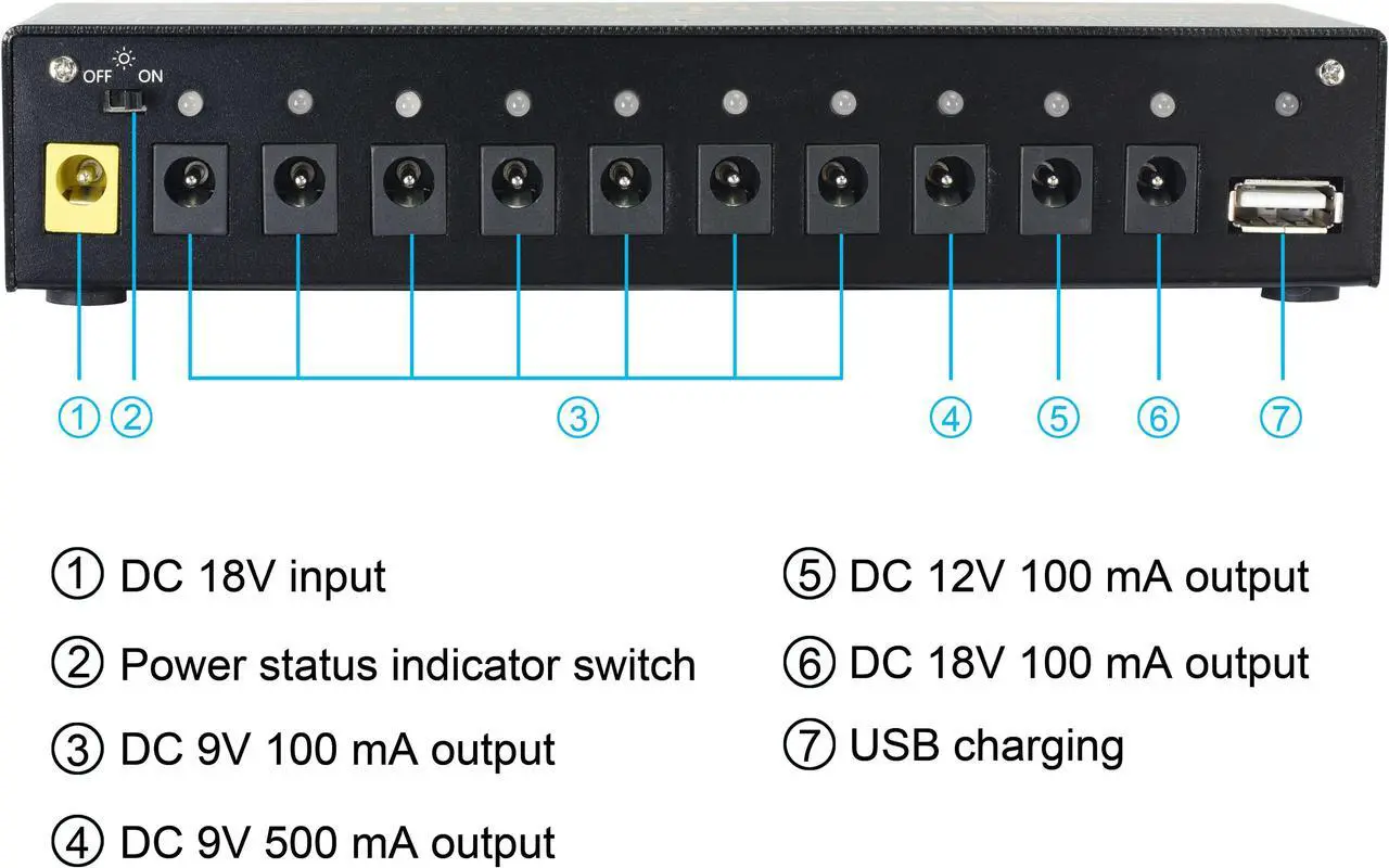 Alt view image 2 of 7 - Rowin PW-1 Pedal Power Supply Update Output Multi Circuit Power Supply For Guitar Pedal 10 Ways 9V/12V/18V DC Outputs & 1 Way 5V USB True Bypass