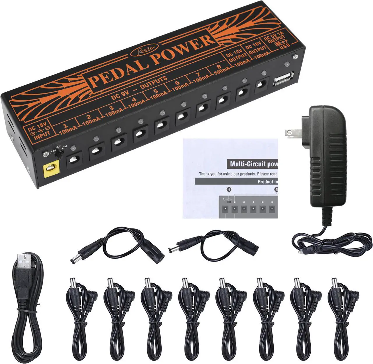 Main image of Rowin PW-1 Pedal Power Supply Update Output Multi Circuit Power Supply For Guitar Pedal 10 Ways 9V/12V/18V DC Outputs & 1 Way 5V USB True Bypass