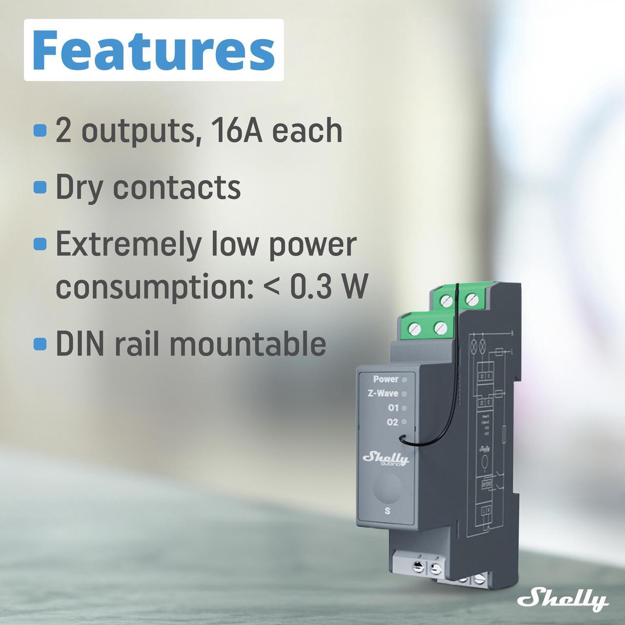 Alt view image 2 of 7 - Shelly Wave Pro 2 US | Z-Wave 2-Channel Smart Relay Switch | Power Metering | Z-Wave Repeater | DIN-Rail | Easy to Install | iOS & Android App | Home Automation