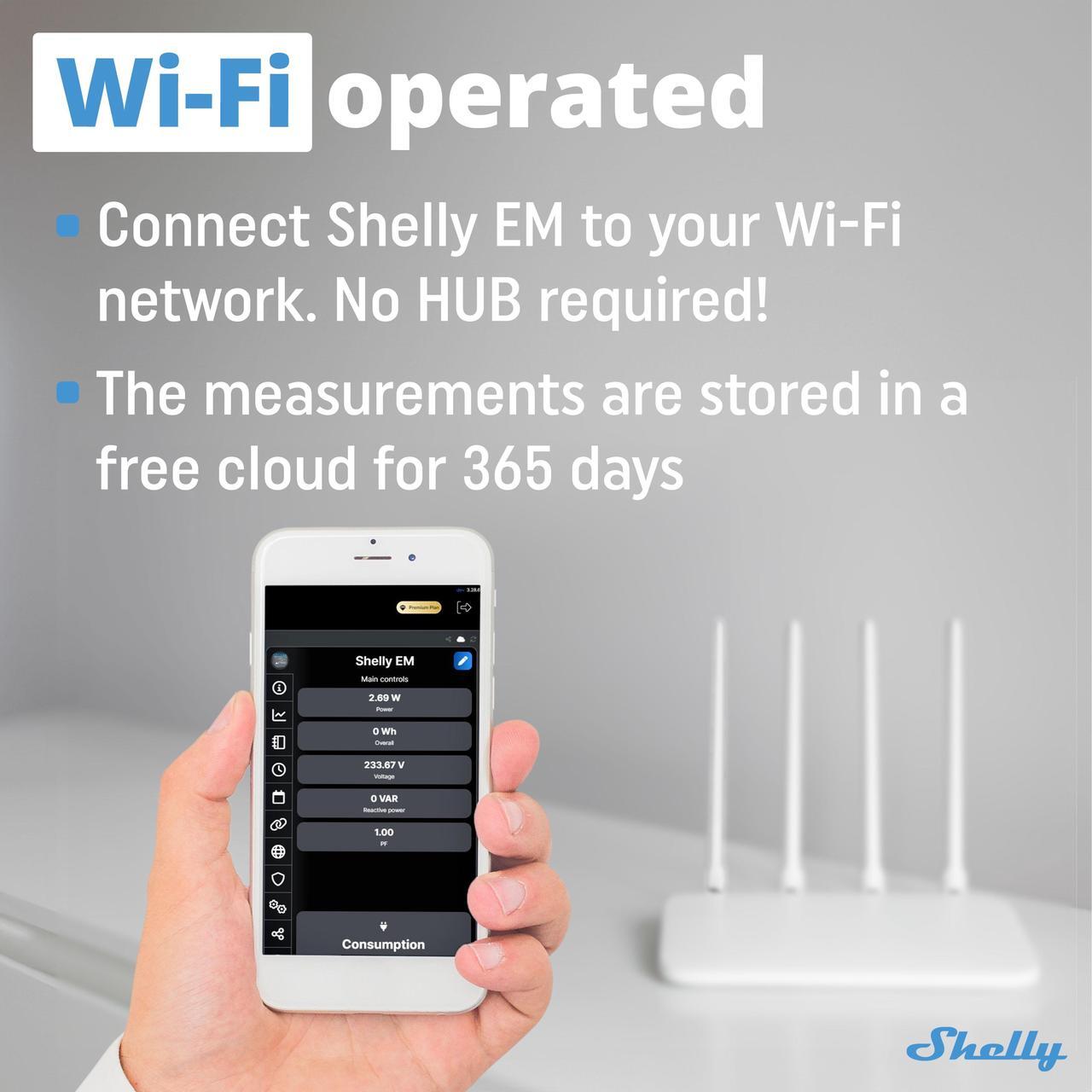 Alt view image 5 of 7 - Shelly EM + 50A Clamp | Wi-Fi-Operated Smart Energy Meter and Contactor Control Relay Switch | Home Automation | Works with Alexa & Google Home | iOS Android App | No Hub Required | Power Monitoring