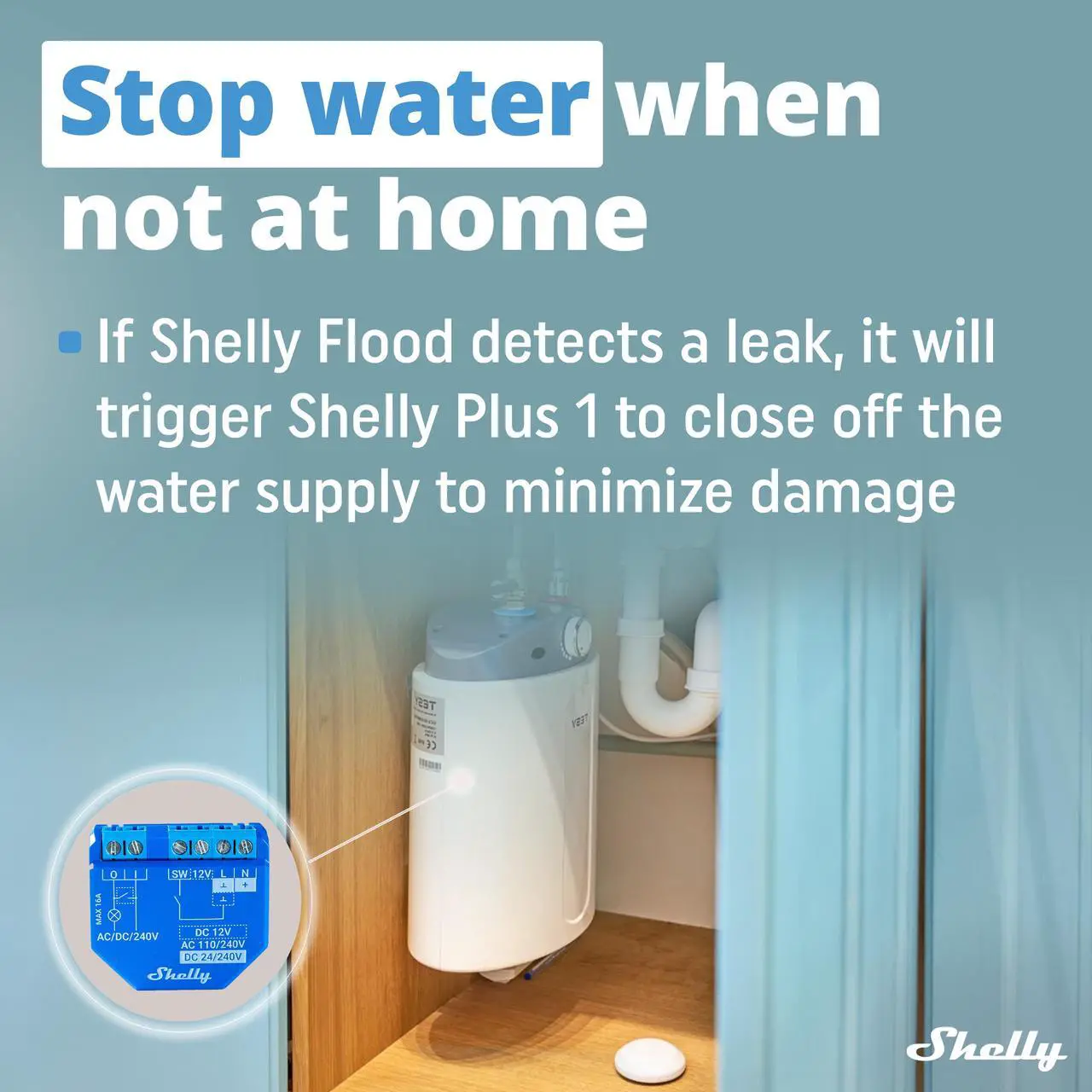 Alt view image 5 of 7 - Shelly Flood | Wireless Smart flood Sensor | Leaking & Dripping Alarm | Temperature Measurement | Floor Heating Control | iOS & Android App | Compact Design